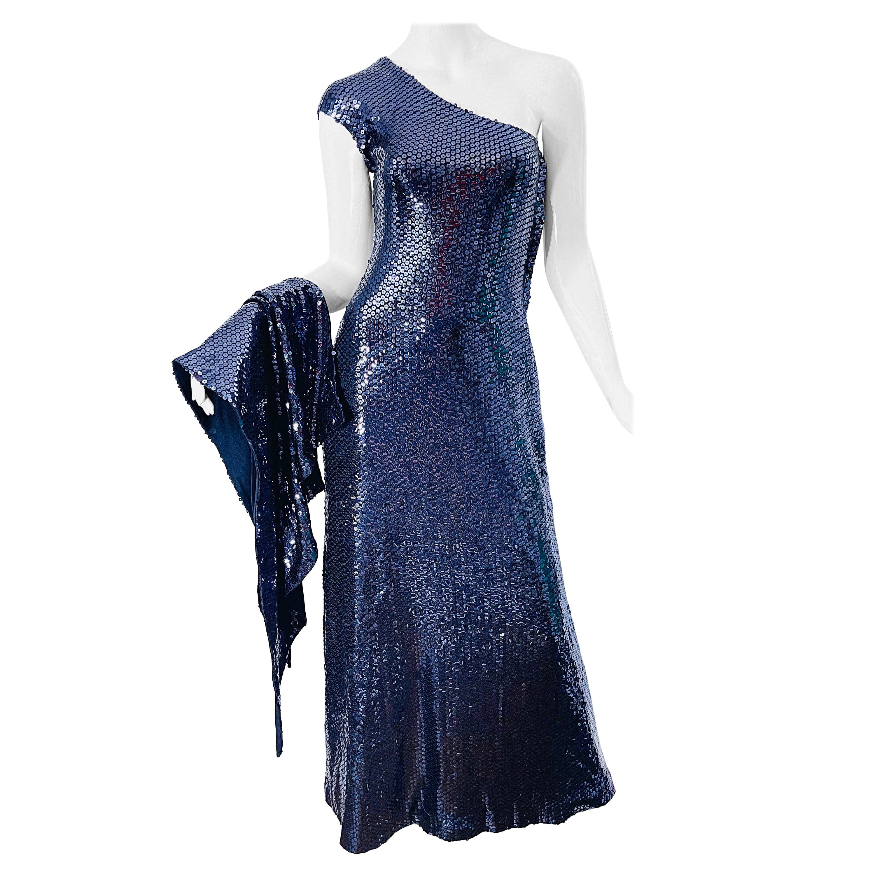 Halston 1970s Navy Blue Sequin One Shoulder Silk Jersey Vintage 70s Gown + Shawl