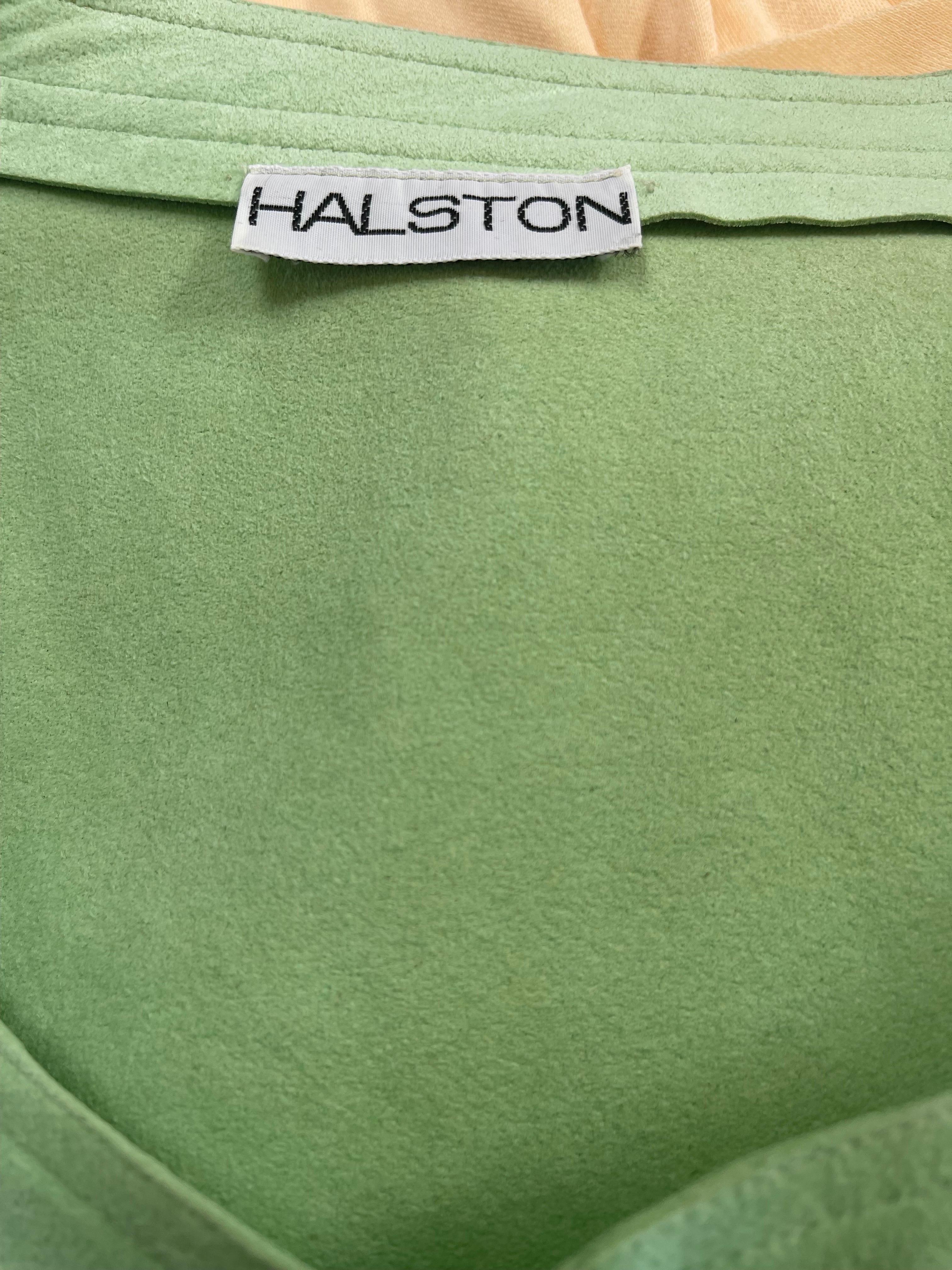 Chic 1970s HALSTON pistachio green ultra suede short sleeve belted shirt dress ! The perfect color green on the softest most luxurious ultra suede that Halston was famed for. This is actually machine washable. Buttons up the front, with pockets at