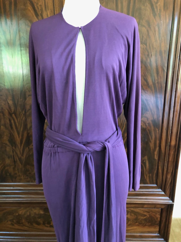Halston 1970's Purple Jersey Disco Era Keyhole Dress with HIgh Slit and ...