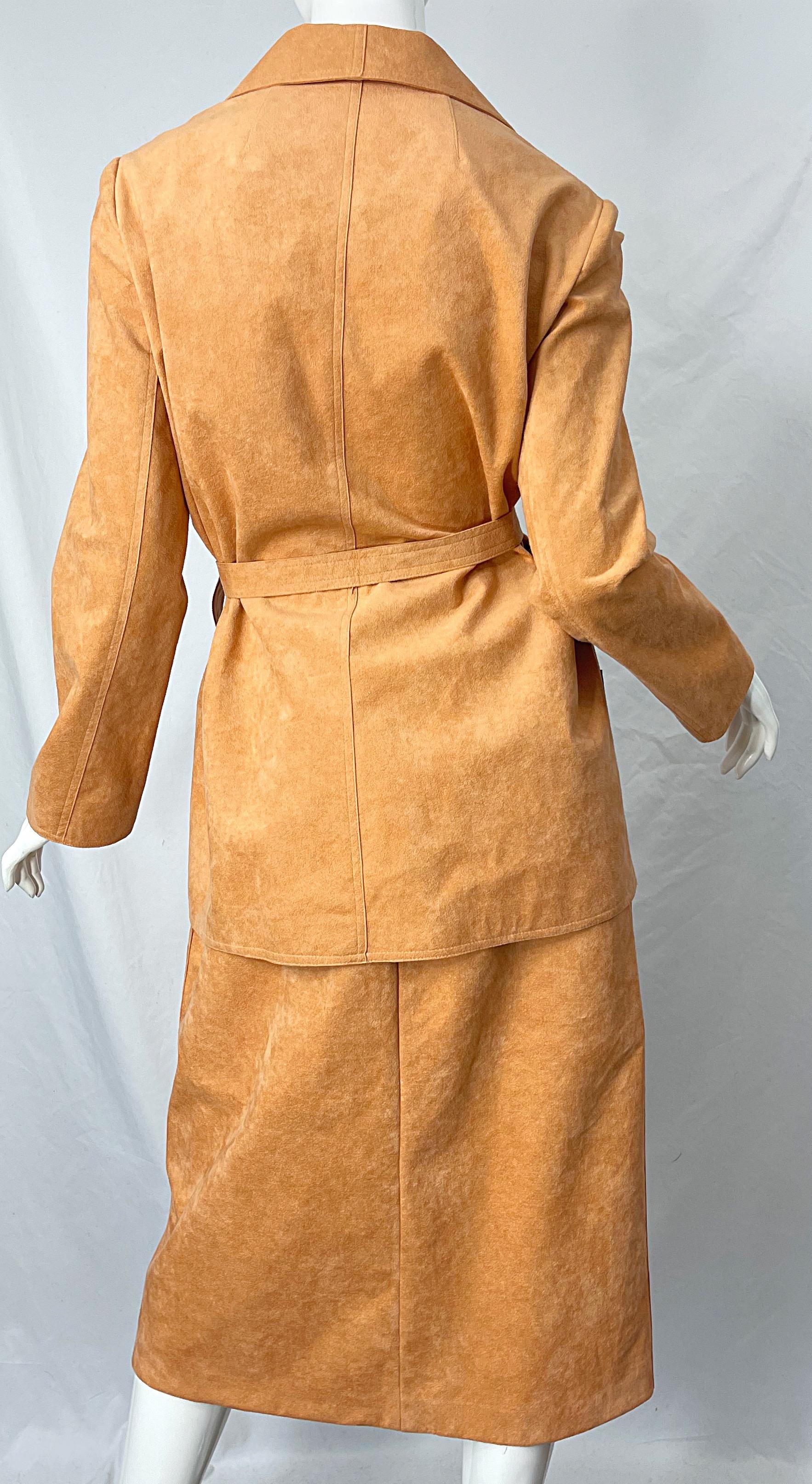 Halston 1970s Salmon Peach Ultrasuede Vintage 70s Belted Jacket and Skirt Suit For Sale 3