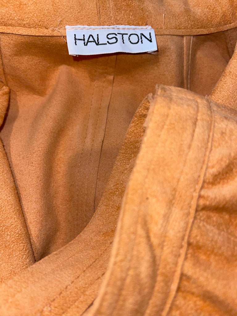 Orange Halston 1970s Salmon Peach Ultrasuede Vintage 70s Belted Jacket and Skirt Suit For Sale