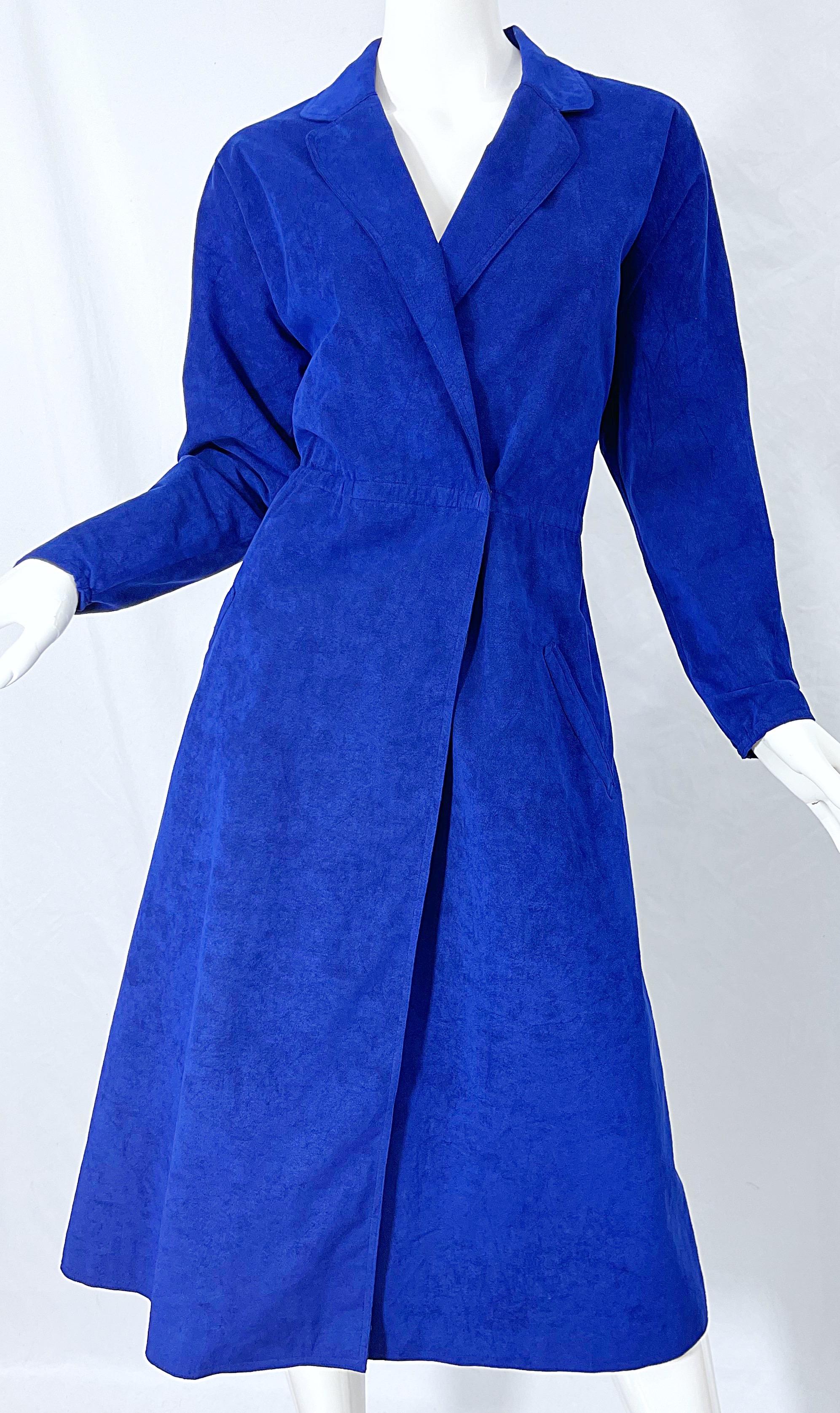 Halston 1970s Ultra Suede Royal Blue Large Size Vintage 70s Shirt Wrap Dress 6