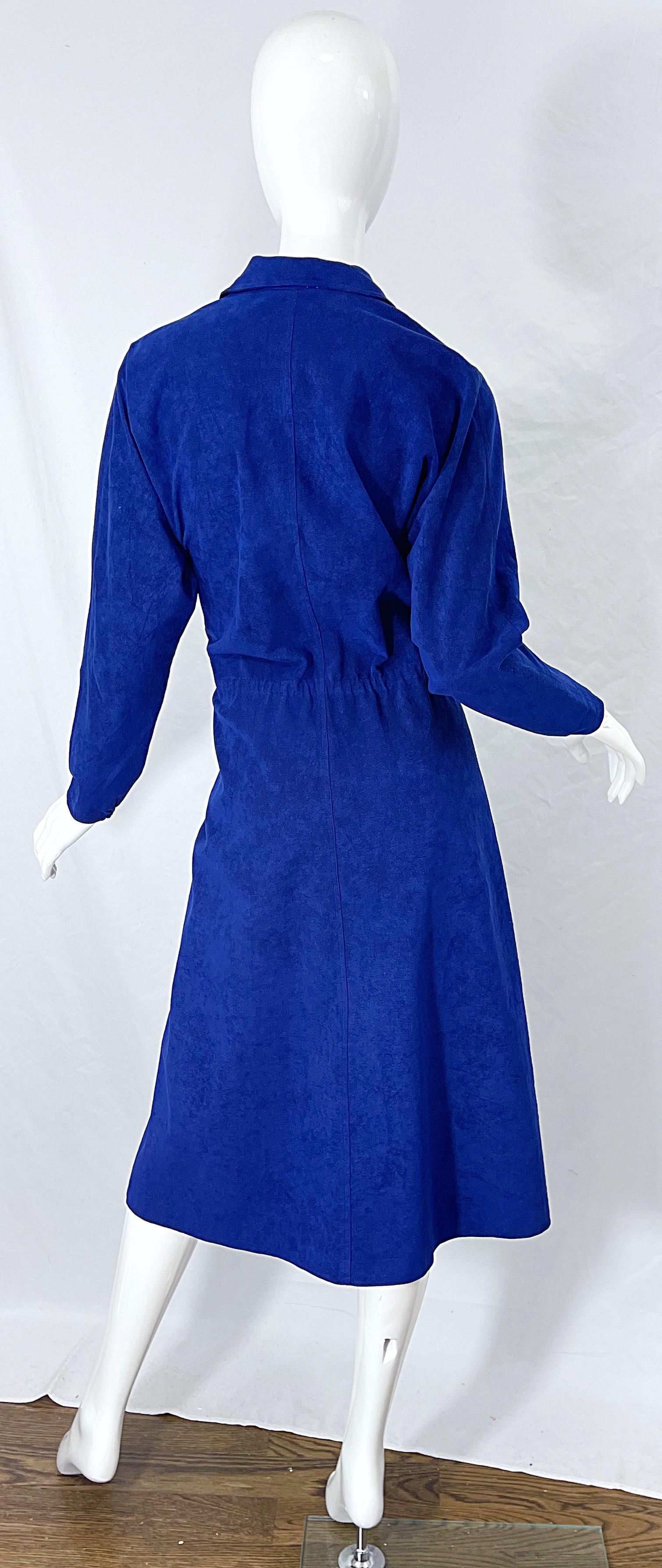 Halston 1970s Ultra Suede Royal Blue Large Size Vintage 70s Shirt Wrap Dress 7