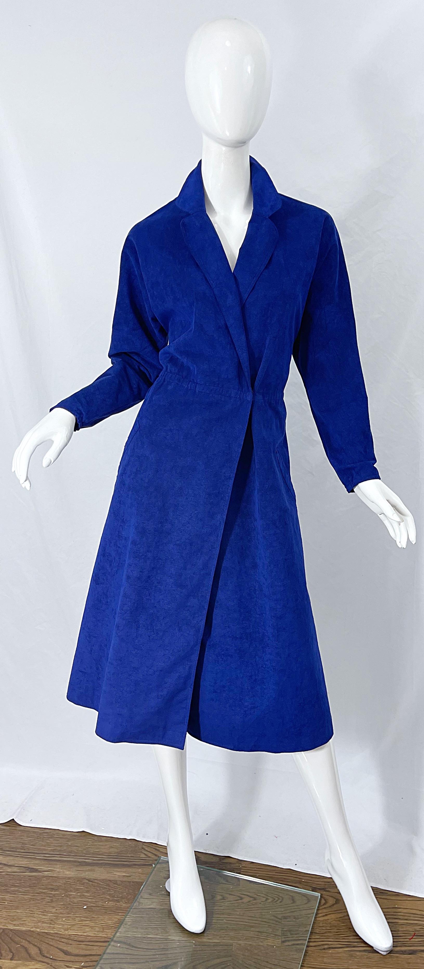 Halston 1970s Ultra Suede Royal Blue Large Size Vintage 70s Shirt Wrap Dress 8