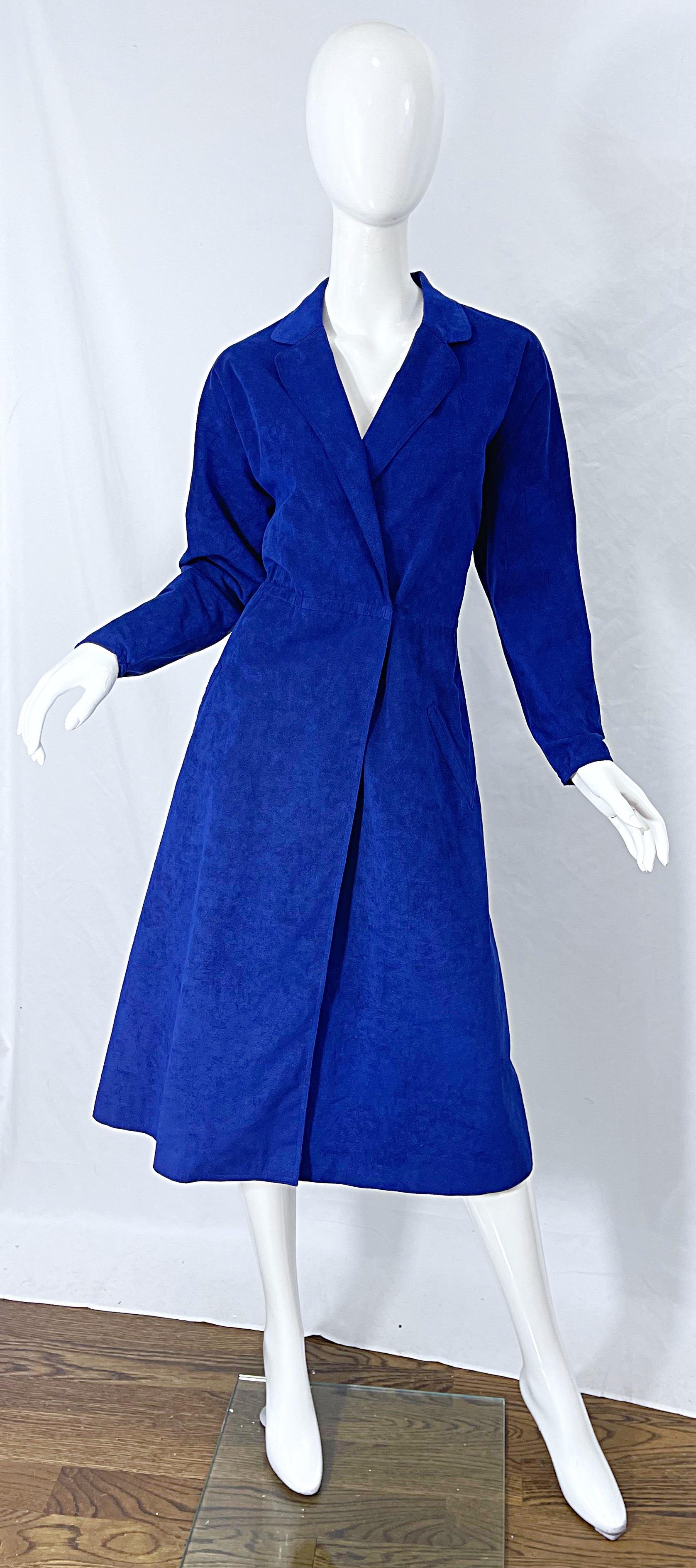 Halston 1970s Ultra Suede Royal Blue Large Size Vintage 70s Shirt Wrap Dress 9