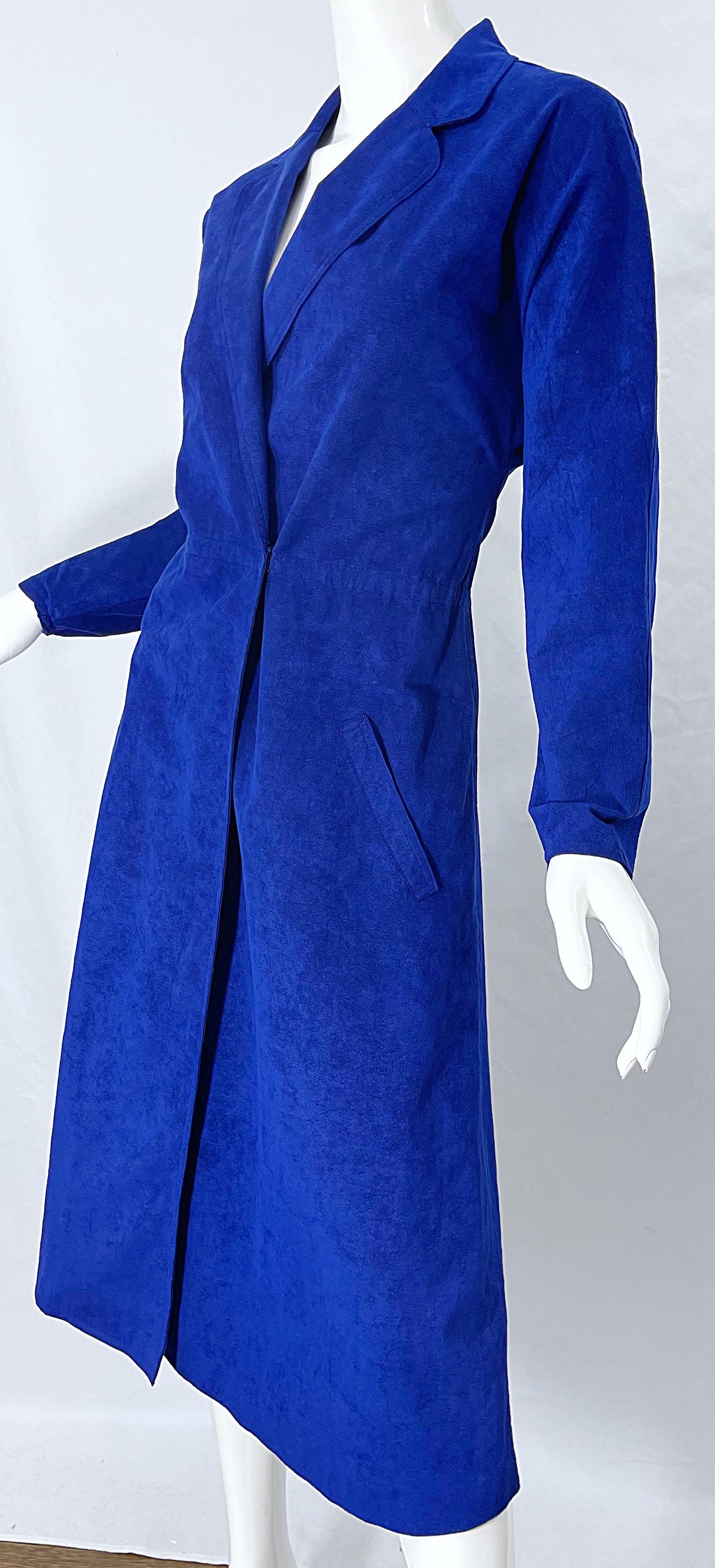 Halston 1970s Ultra Suede Royal Blue Large Size Vintage 70s Shirt Wrap Dress 10