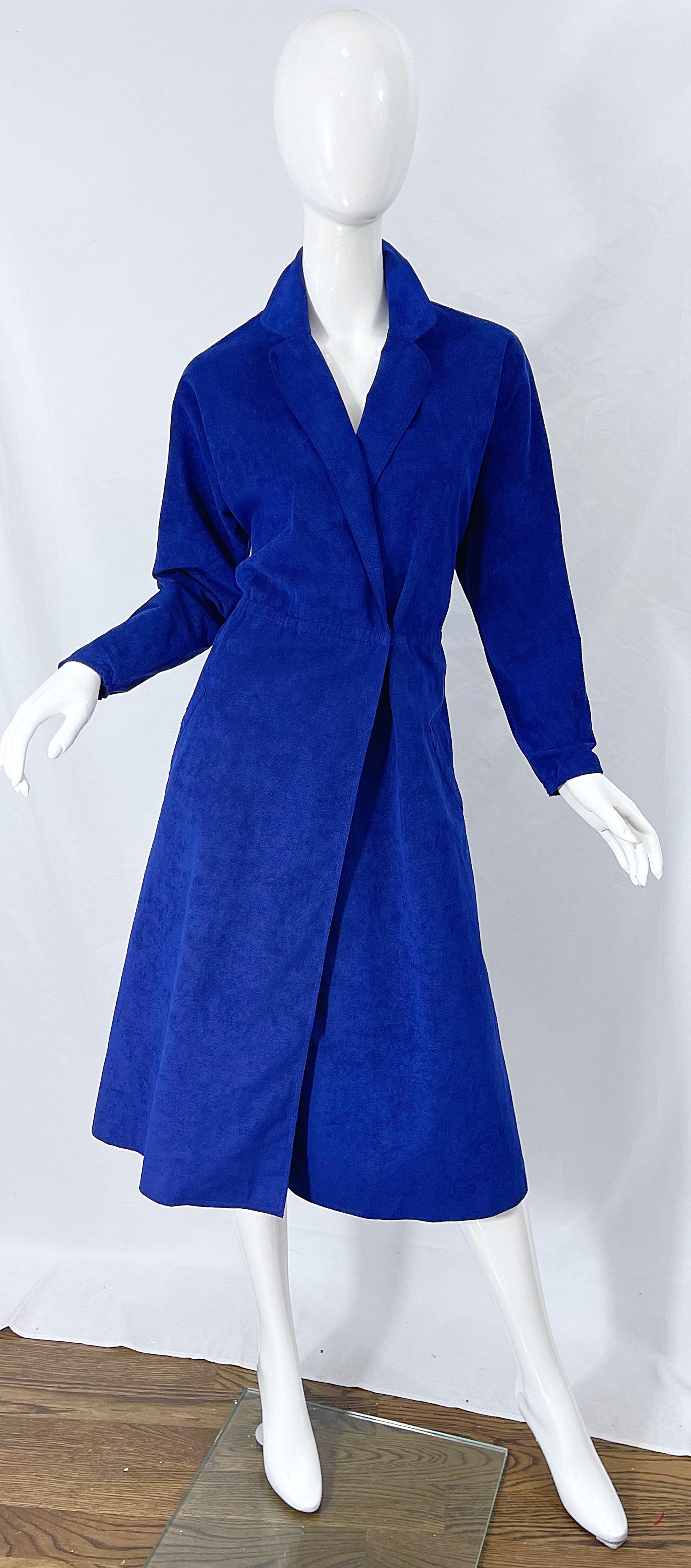 Halston 1970s Ultra Suede Royal Blue Large Size Vintage 70s Shirt Wrap Dress 11