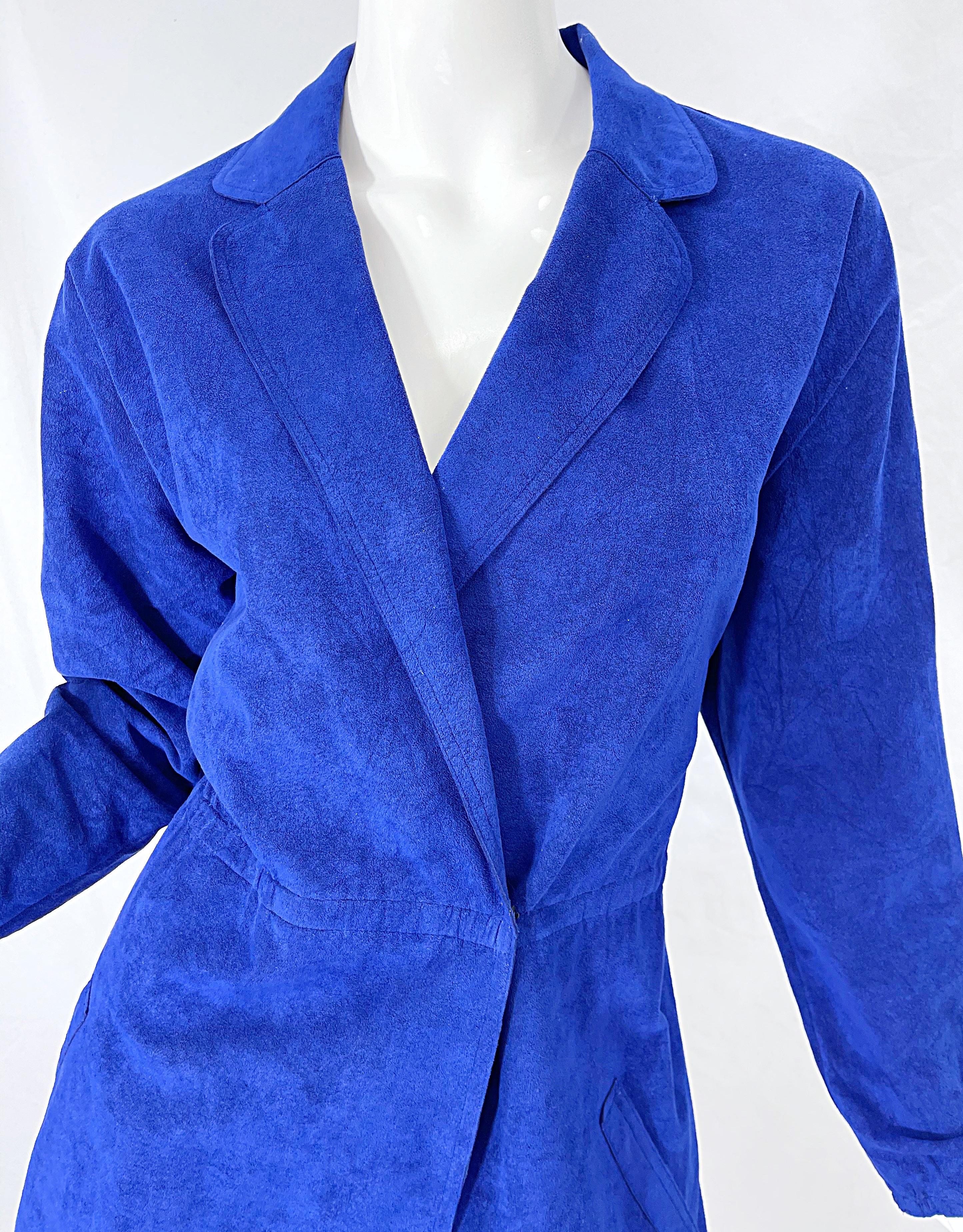 Halston 1970s Ultra Suede Royal Blue Large Size Vintage 70s Shirt Wrap Dress 1