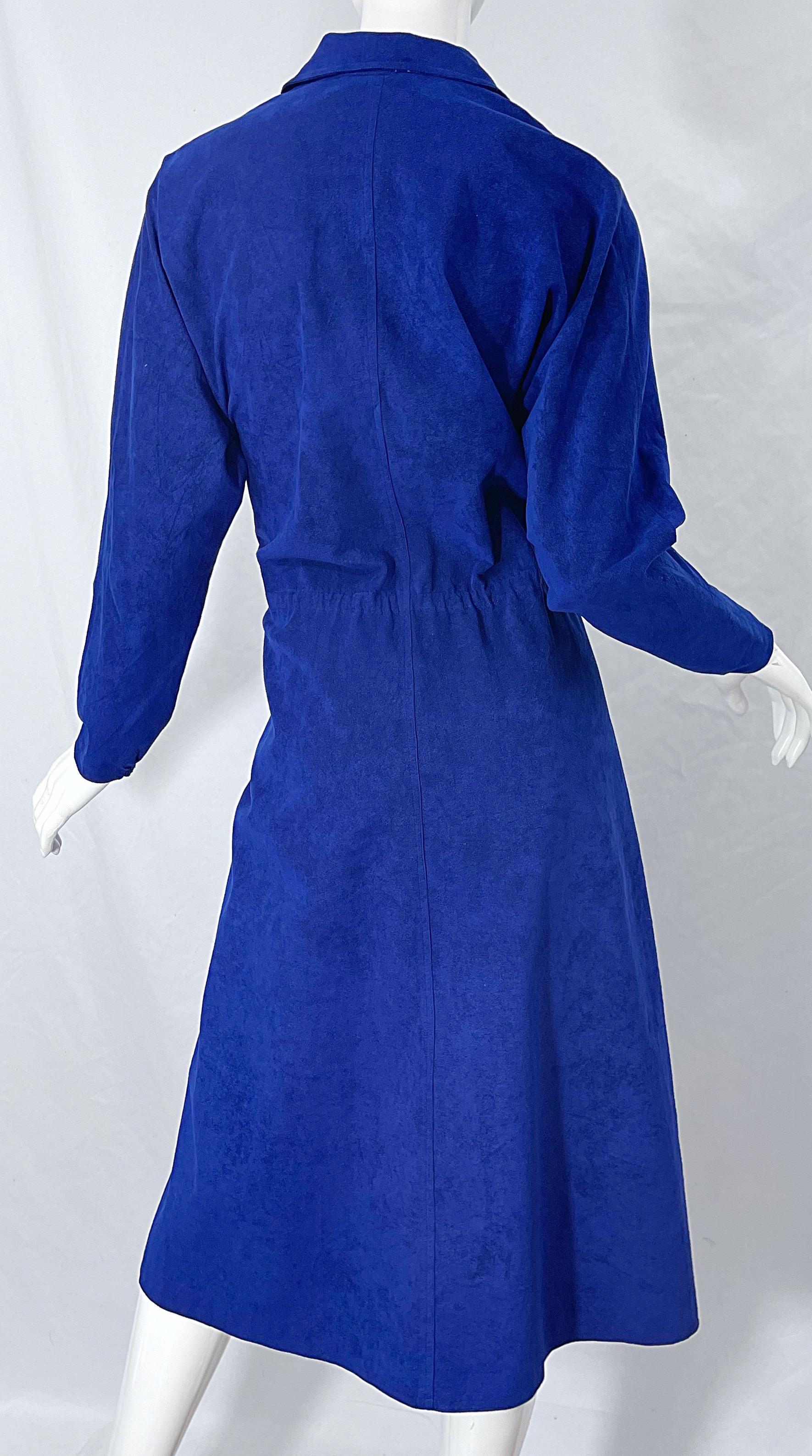 Halston 1970s Ultra Suede Royal Blue Large Size Vintage 70s Shirt Wrap Dress 2