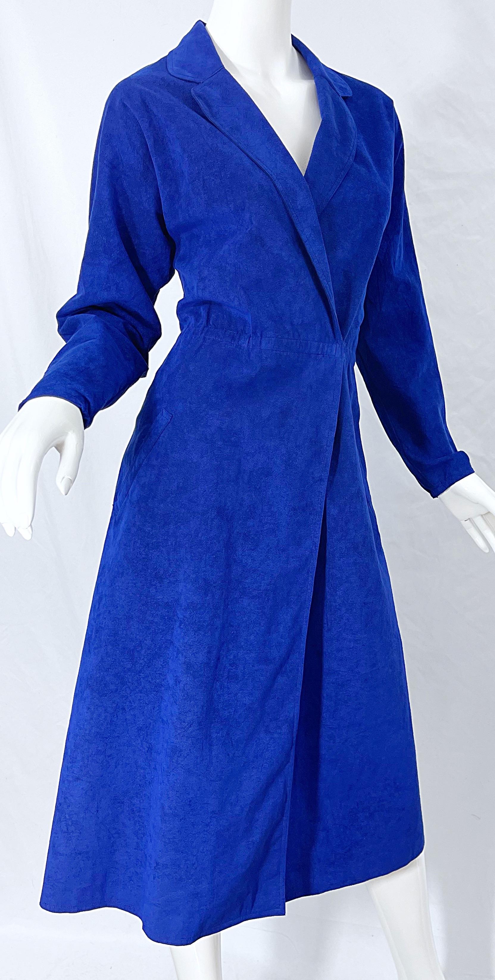 Halston 1970s Ultra Suede Royal Blue Large Size Vintage 70s Shirt Wrap Dress 3