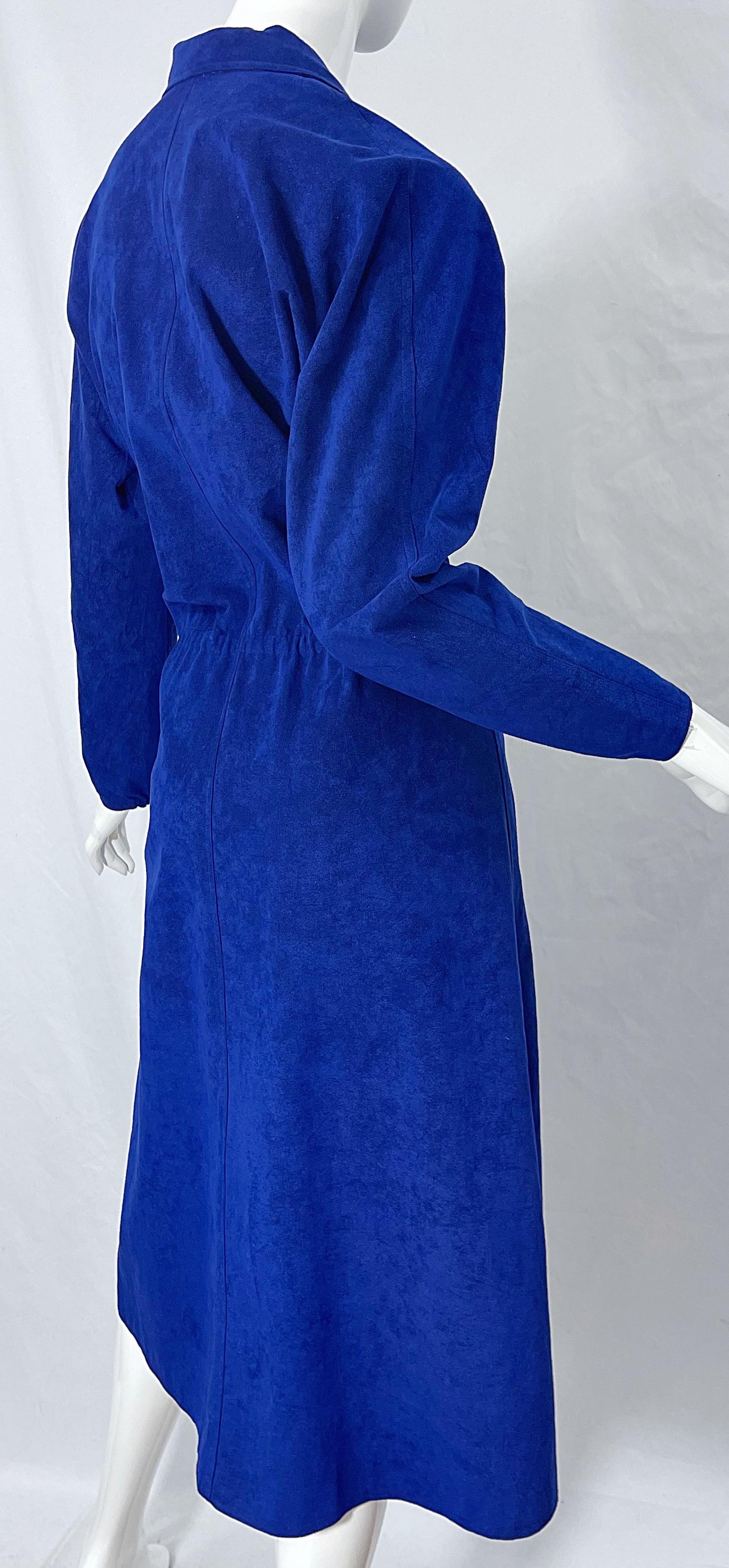 Halston 1970s Ultra Suede Royal Blue Large Size Vintage 70s Shirt Wrap Dress 4