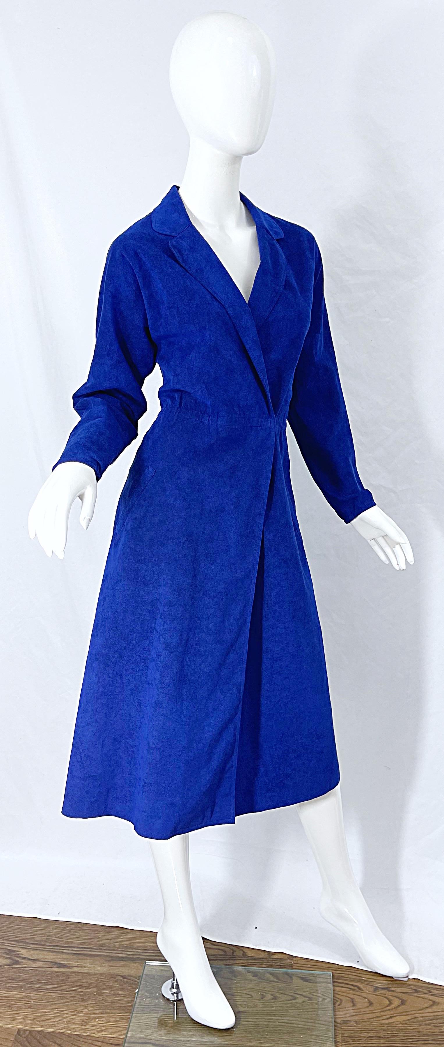 Halston 1970s Ultra Suede Royal Blue Large Size Vintage 70s Shirt Wrap Dress 5
