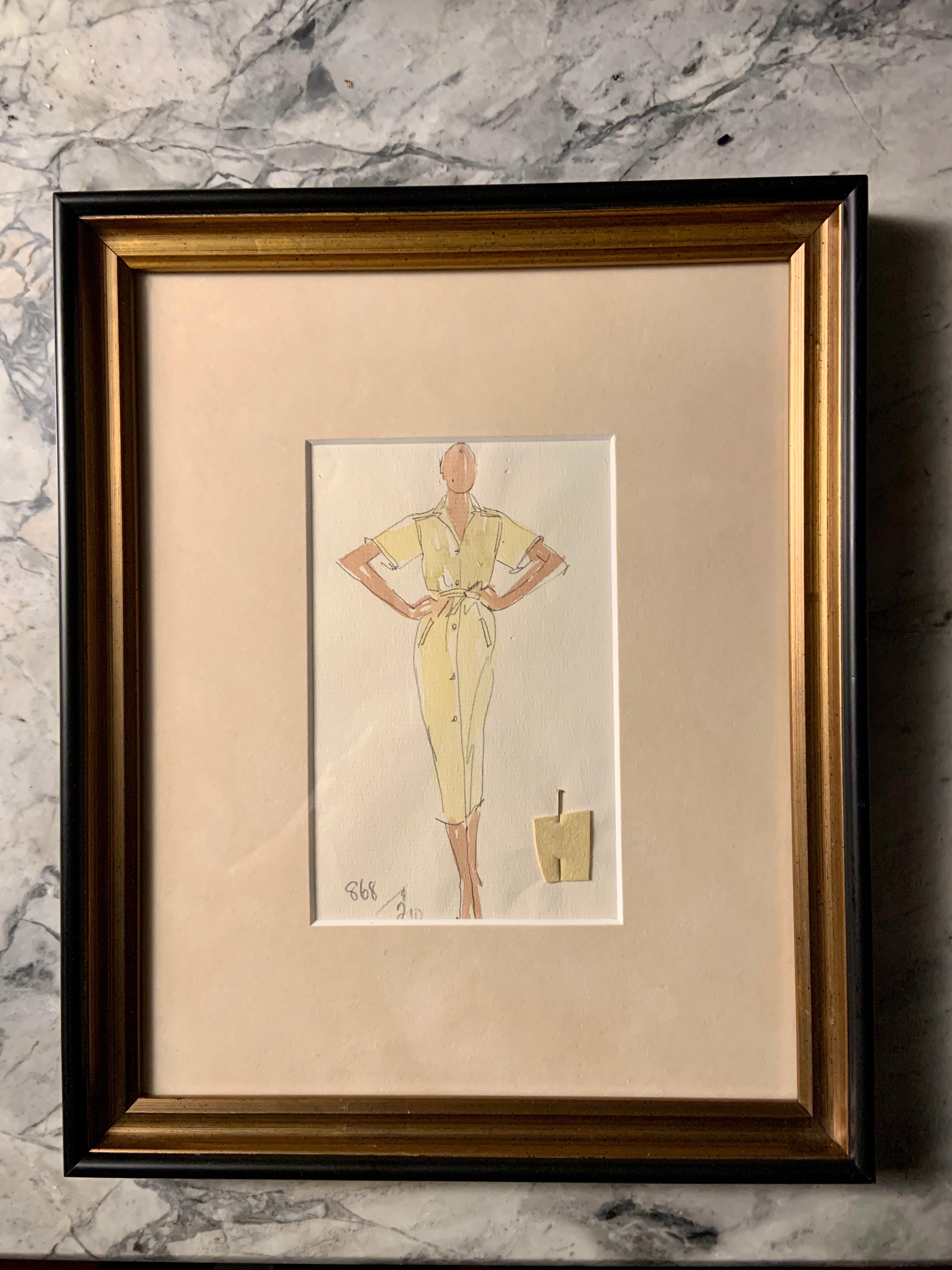 This is a rare and original Joe Eula fashion sketch of a Halston yellow Ultrasuede dress design, complete with an attached fabric swatch of Ultrasuede. This drawing is from an estate auction of personal possessions of Martha Graham, a close friend