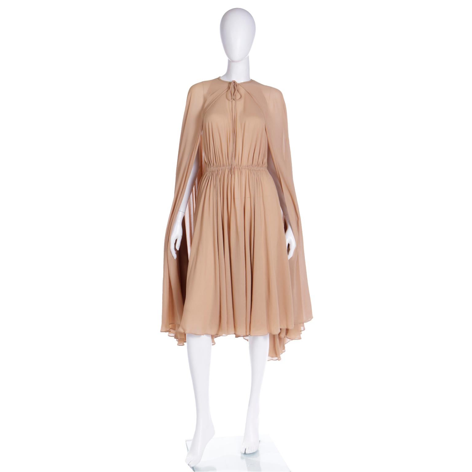Halston 1975 Documented Vintage Semi Sheer Silk Dress and Cape 2 Piece Ensemble In Good Condition For Sale In Portland, OR