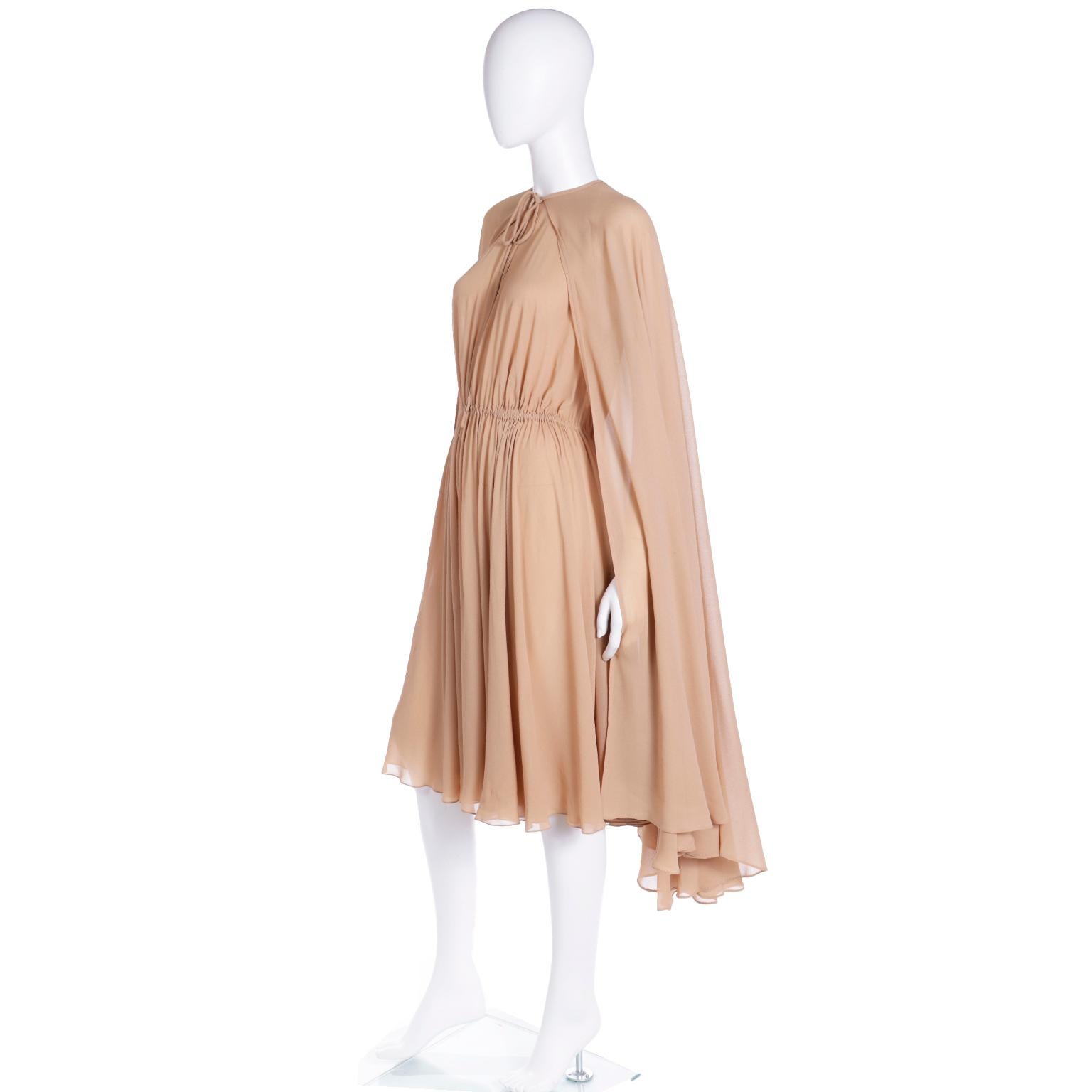 Halston 1975 Documented Vintage Semi Sheer Silk Dress and Cape 2 Piece Ensemble For Sale 2