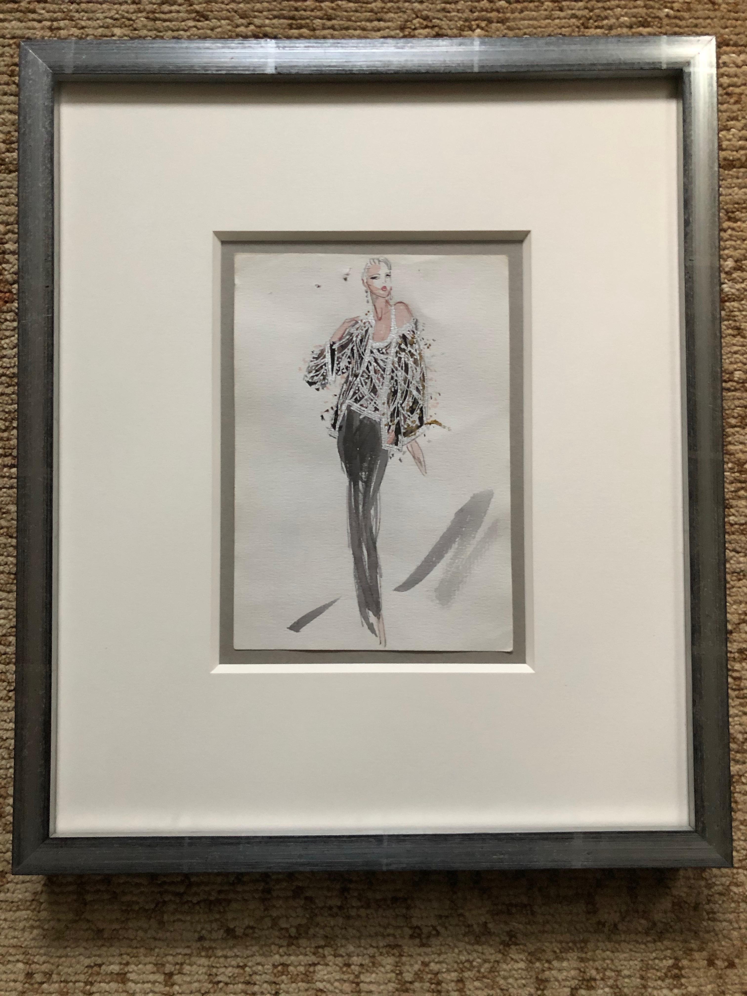 Halston 1983 Original Fashion Illustration Beaded Feather Ensemble by Sui Yee.
Halston was unique in that he had each design illustrated by an in house artist.
Joe Eula captured the spirit beautifully until 1980, and another talented artist named