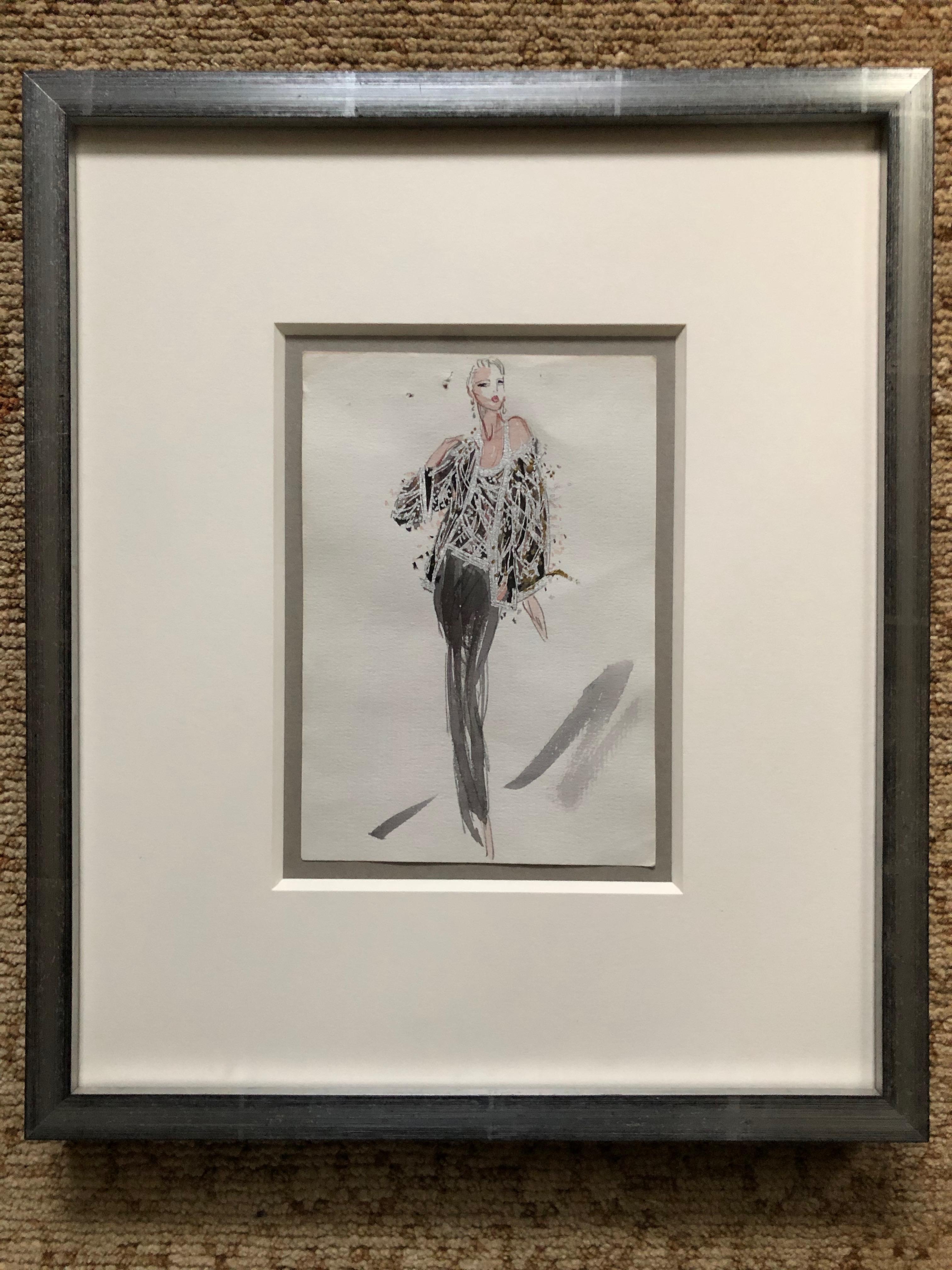 Gray Halston 1983 Original Fashion Illustration Beaded Feather Ensemble by Sui Yee For Sale