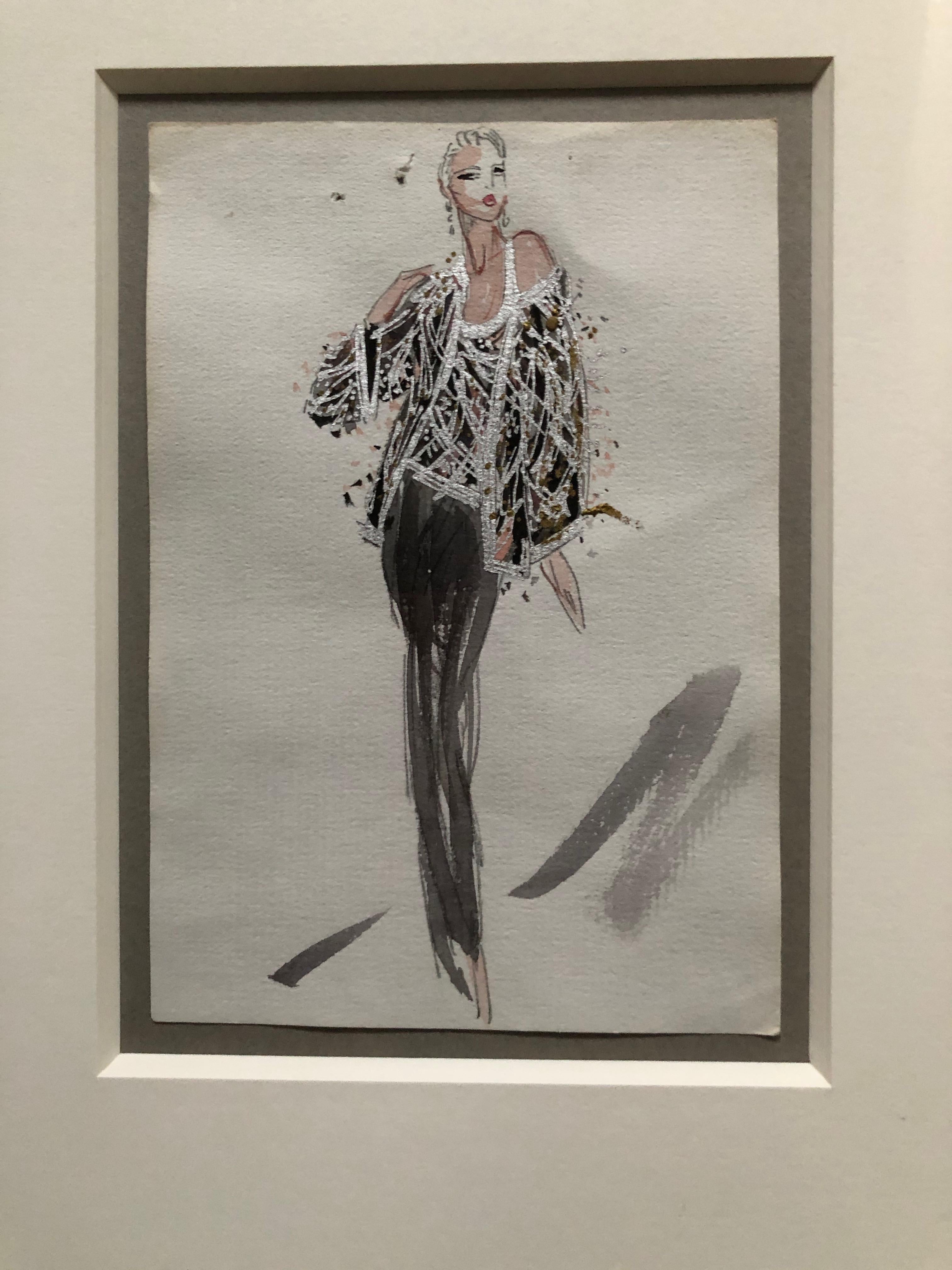 Halston 1983 Original Fashion Illustration Beaded Feather Ensemble by Sui Yee In Excellent Condition For Sale In Cloverdale, CA