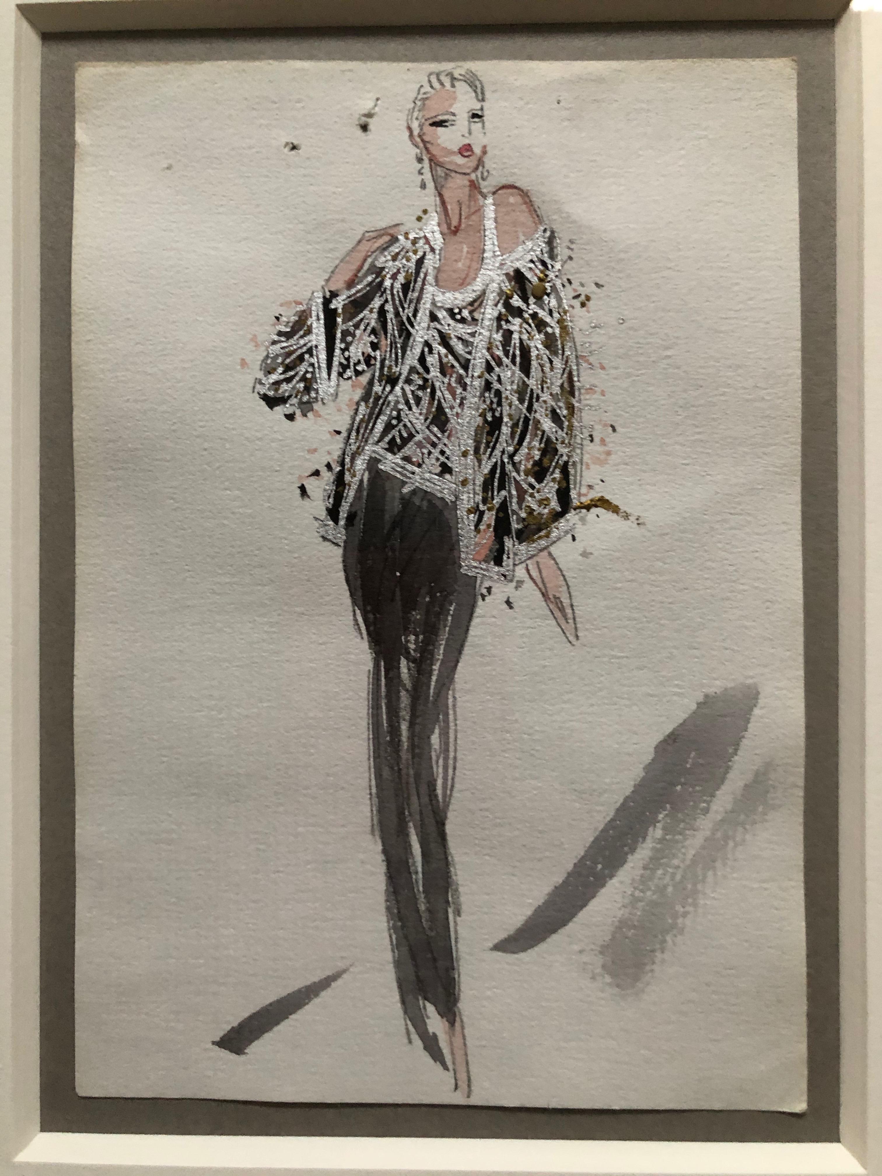 Women's Halston 1983 Original Fashion Illustration Beaded Feather Ensemble by Sui Yee For Sale