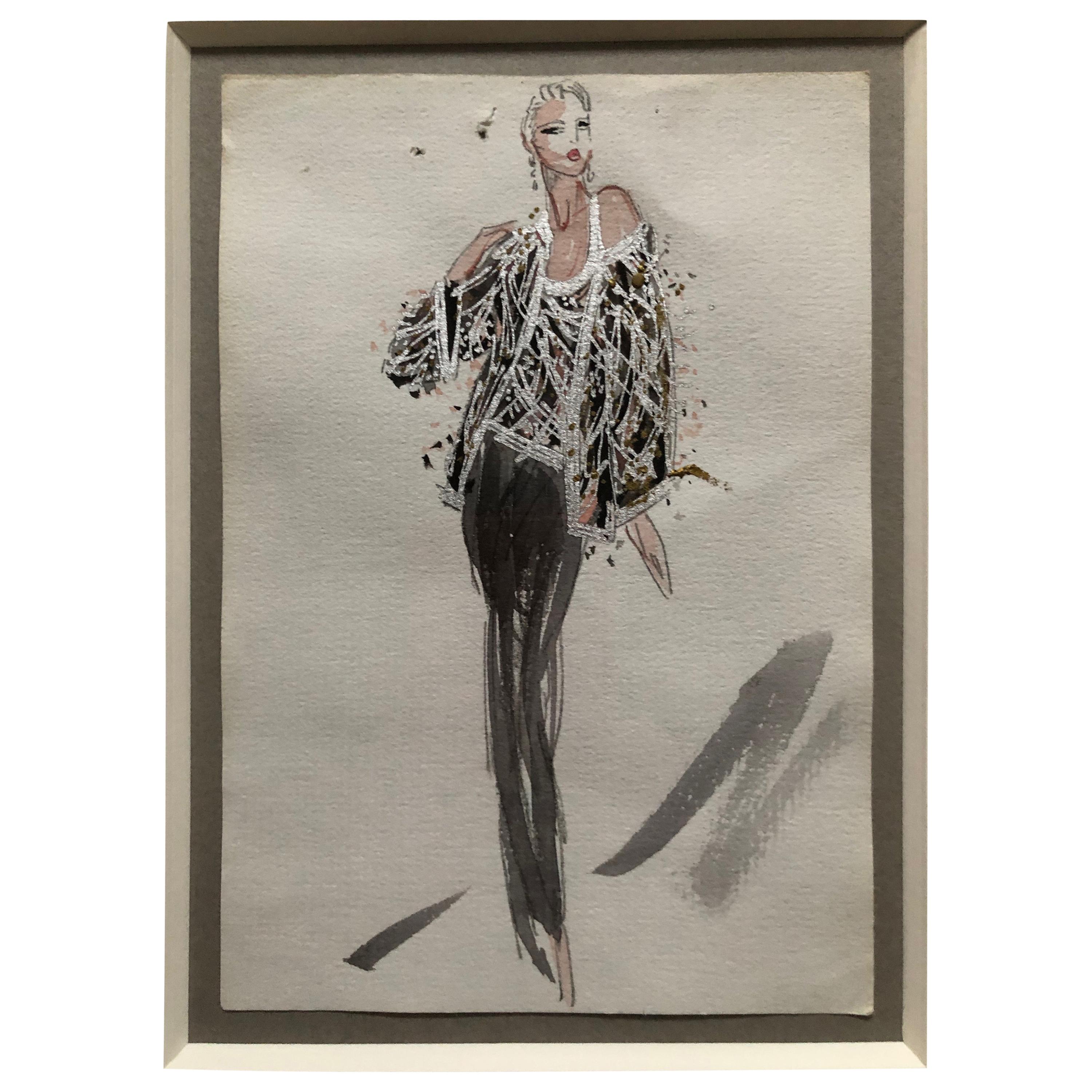 Halston 1983 Original Fashion Illustration Beaded Feather Ensemble by Sui Yee For Sale