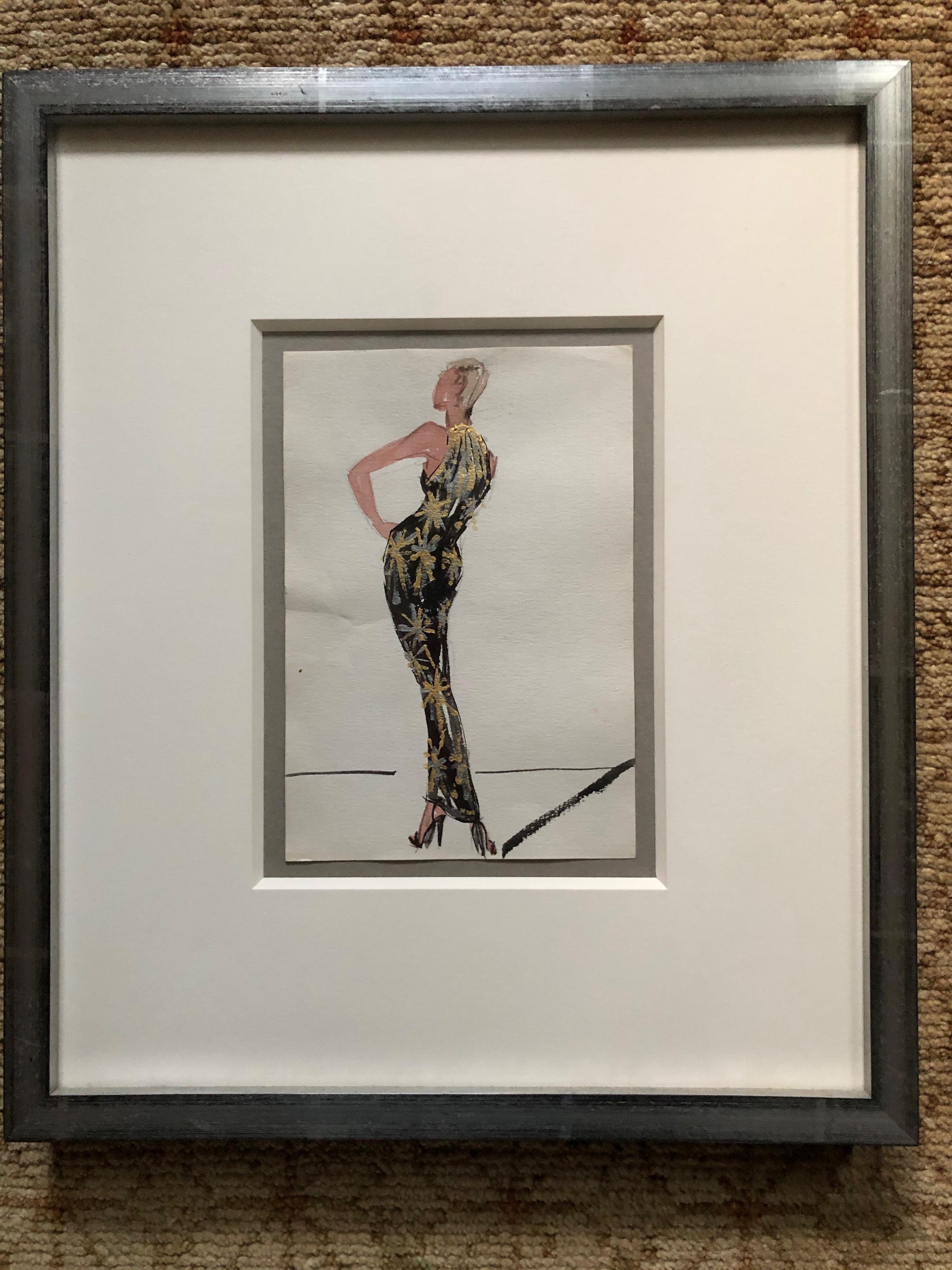 Gray Halston 1983 Original Fashion Illustration or Beaded Fireworks Dress by Sui Yee For Sale