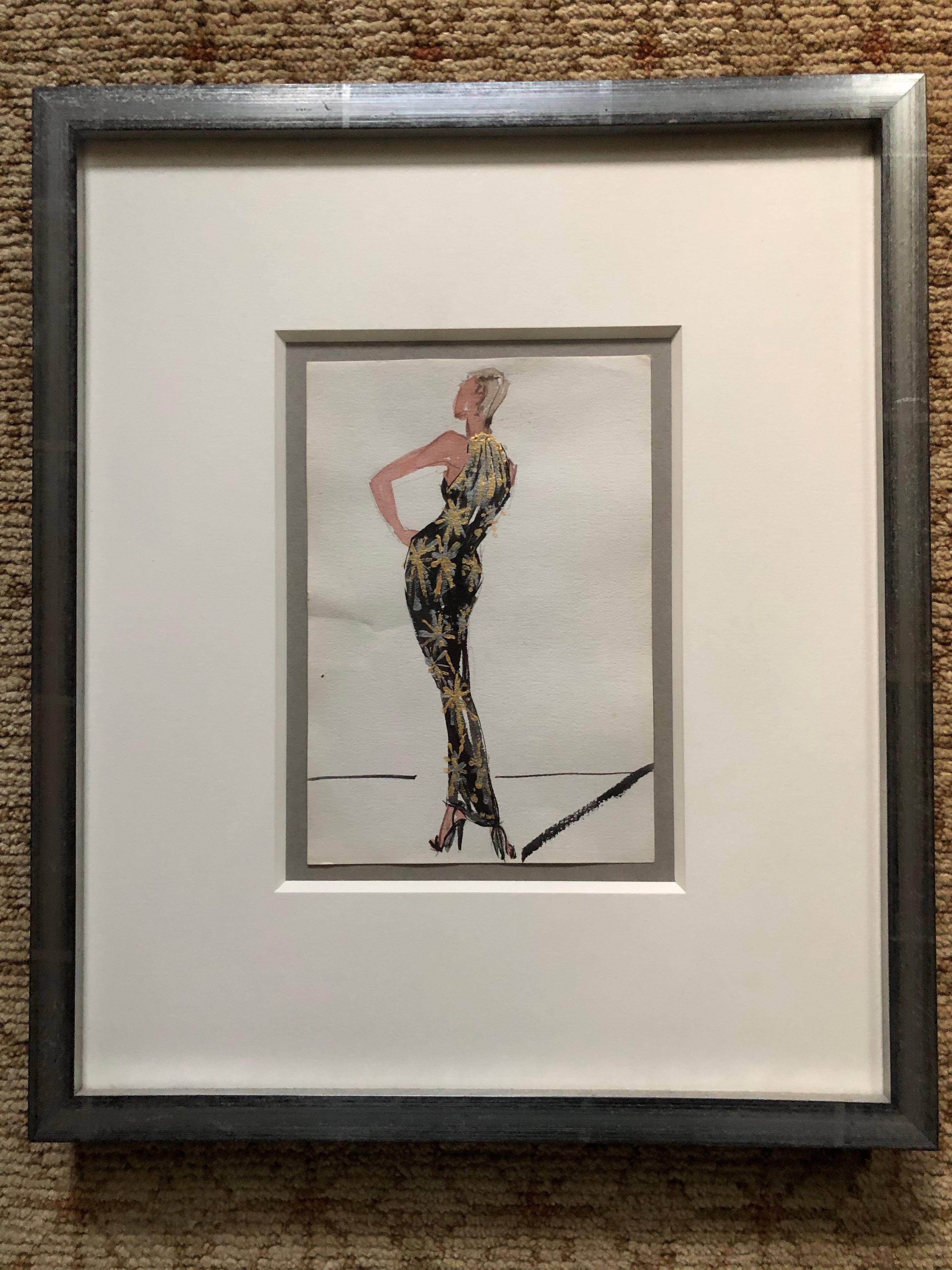 Halston 1983 Original Fashion Illustration or Beaded Fireworks Dress by Sui Yee In Excellent Condition For Sale In Cloverdale, CA