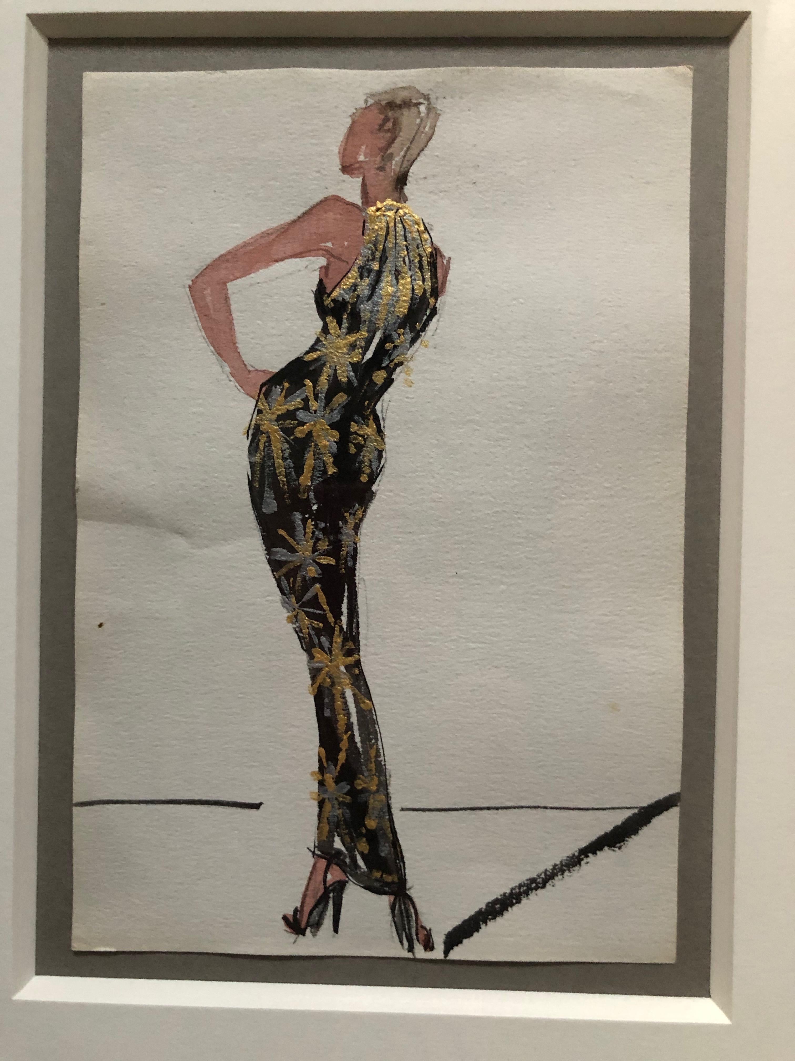 Halston 1983 Original Fashion Illustration or Beaded Fireworks Dress by Sui Yee For Sale 1