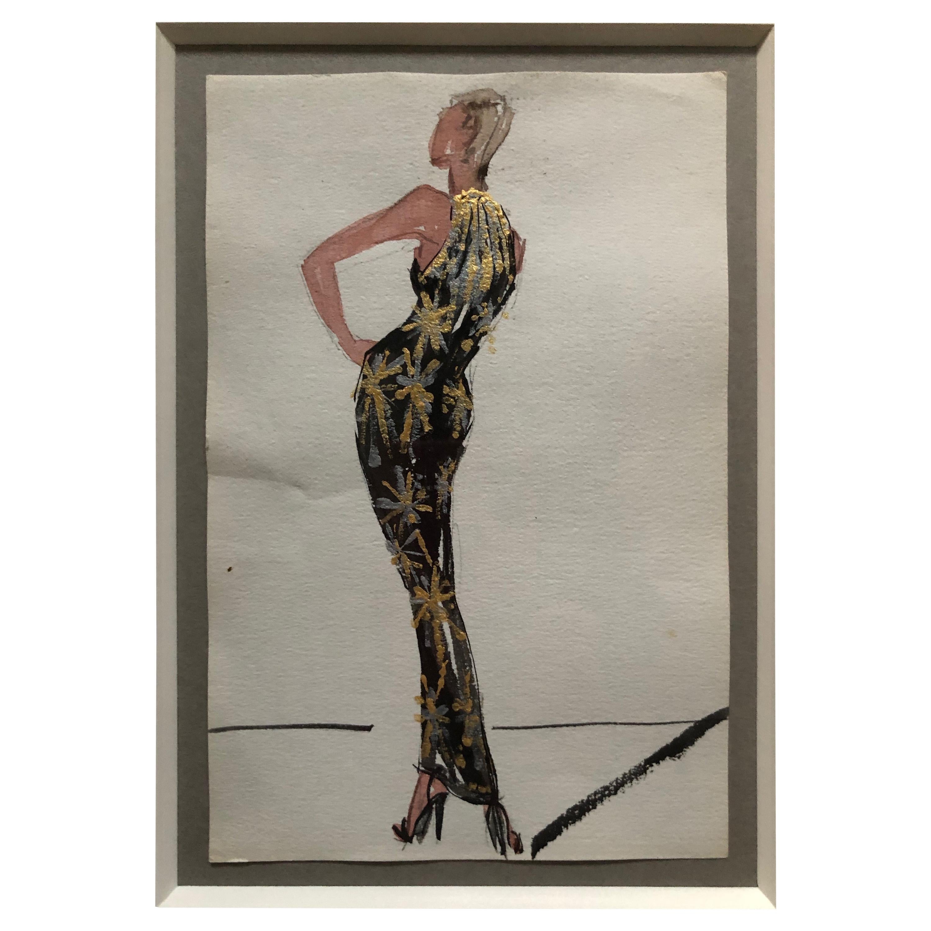 Halston 1983 Original Fashion Illustration or Beaded Fireworks Dress by Sui Yee For Sale