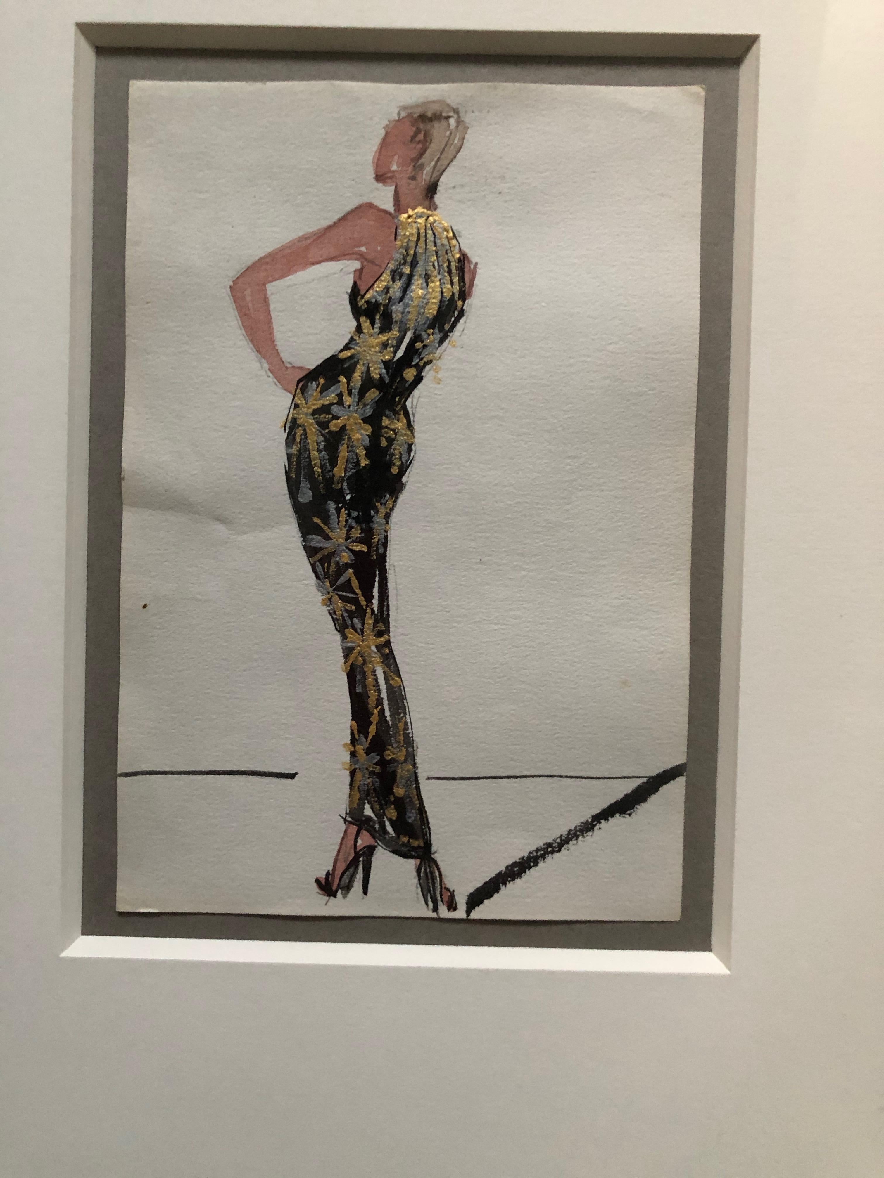 Halston 1983 Original Fashion Illustration or Beaded Fireworks Dress  In Excellent Condition In Cloverdale, CA