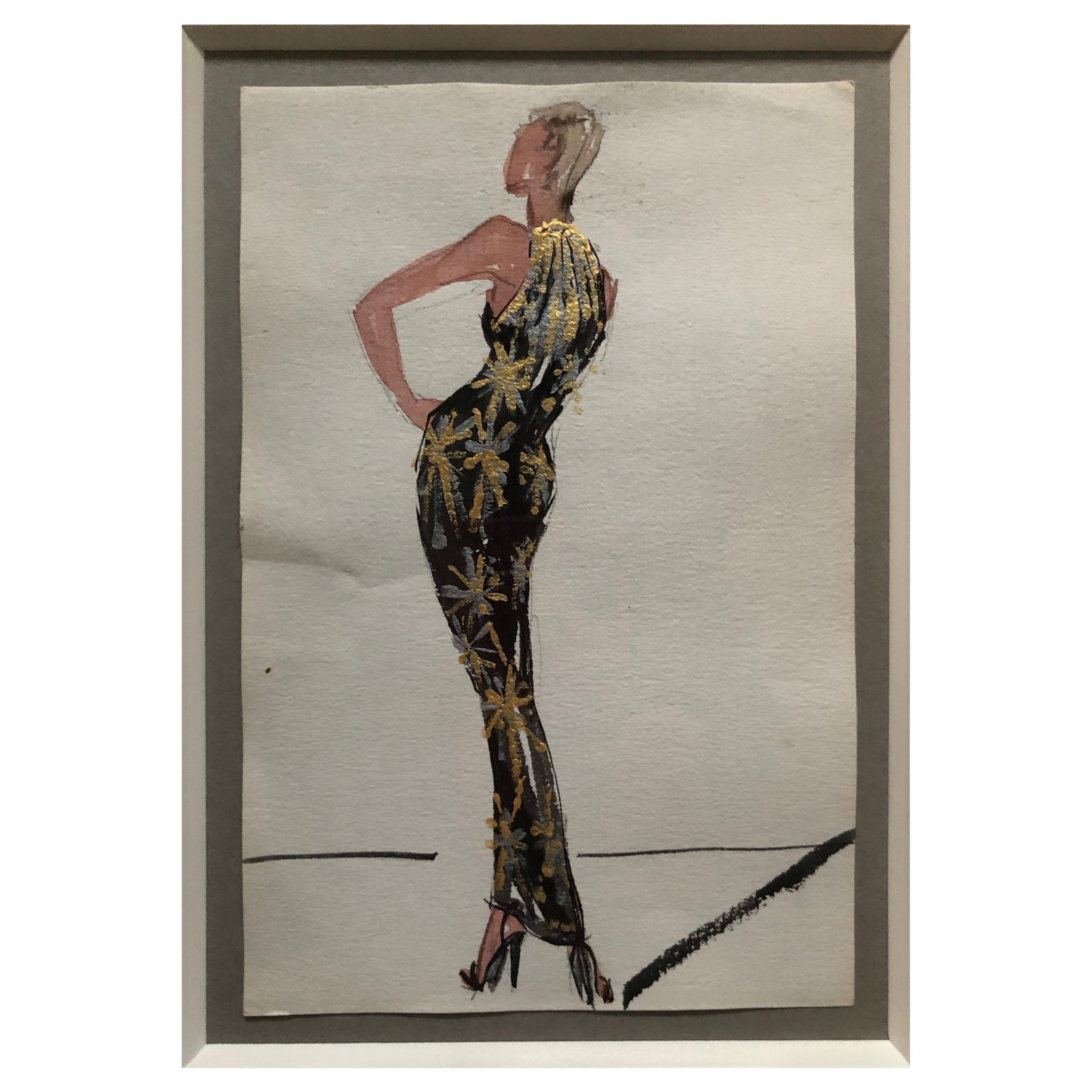 Halston 1983 Original Fashion Illustration or Beaded Fireworks Dress 