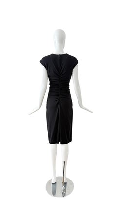 HALSTON 2001 Vintage Black Ruched Deep V Knee Length Dress