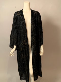Halston 70's Black on Black Bugle and Caviar Beaded Sheer Organza and Lace Coat