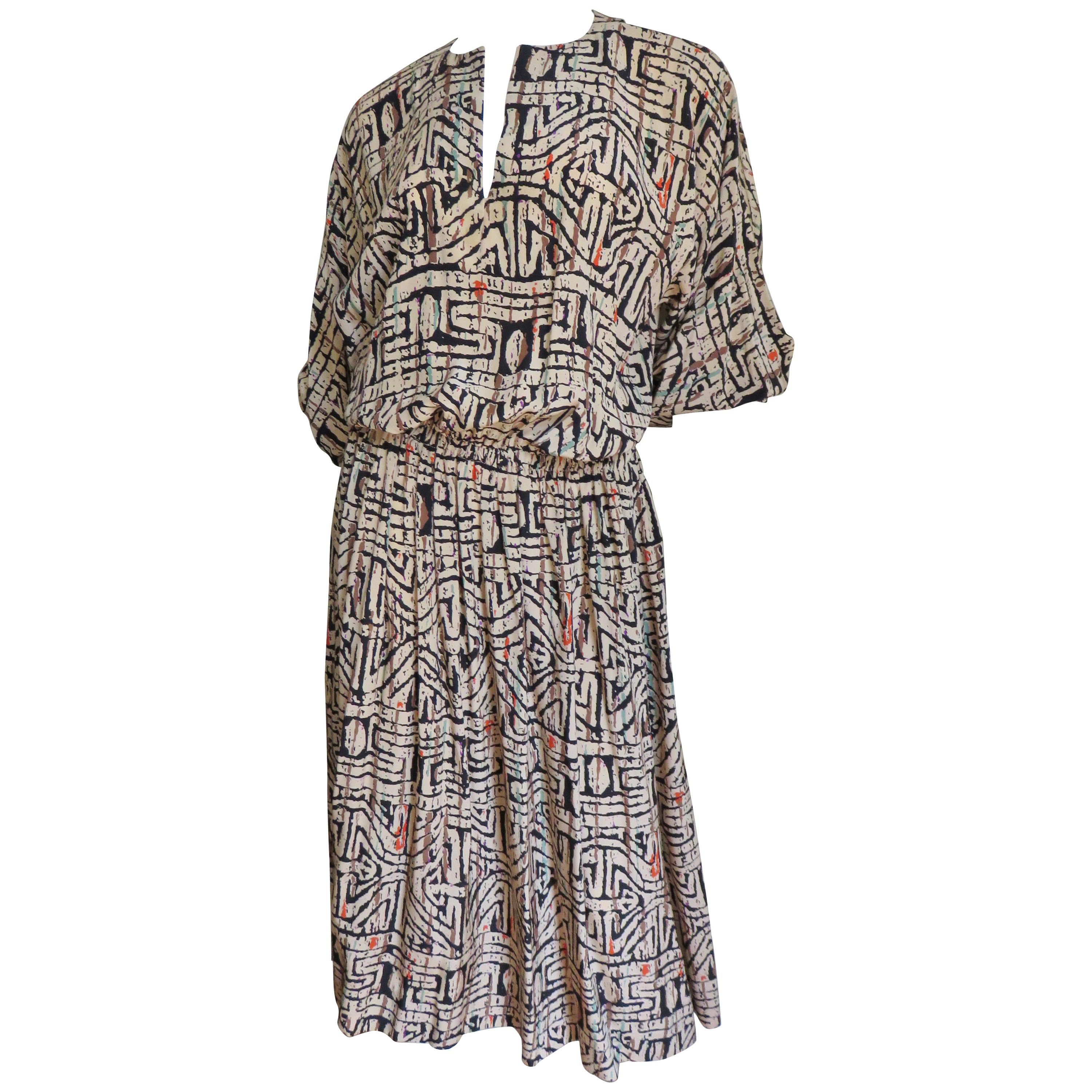 Halston Abstract Print Blouson Dress 1970s