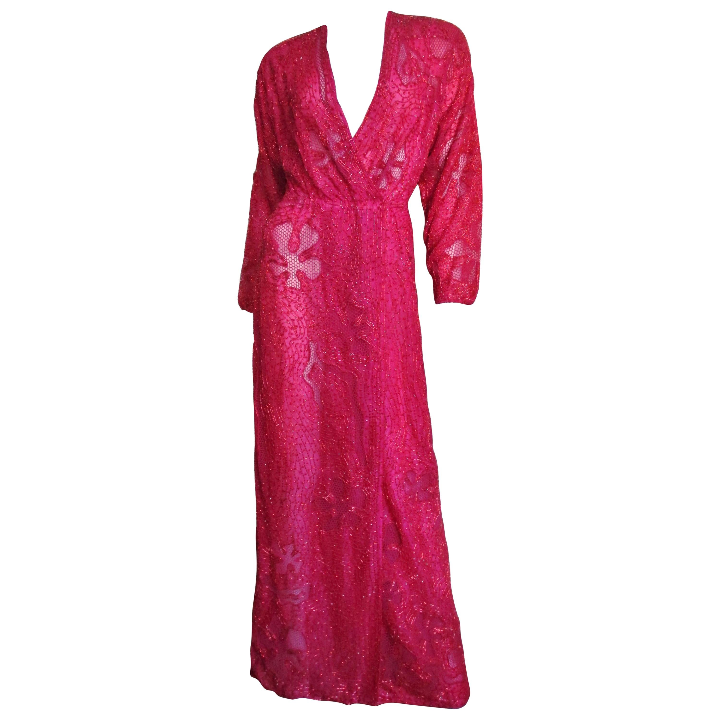 Halston 1970s Wrap Beaded Gown For Sale