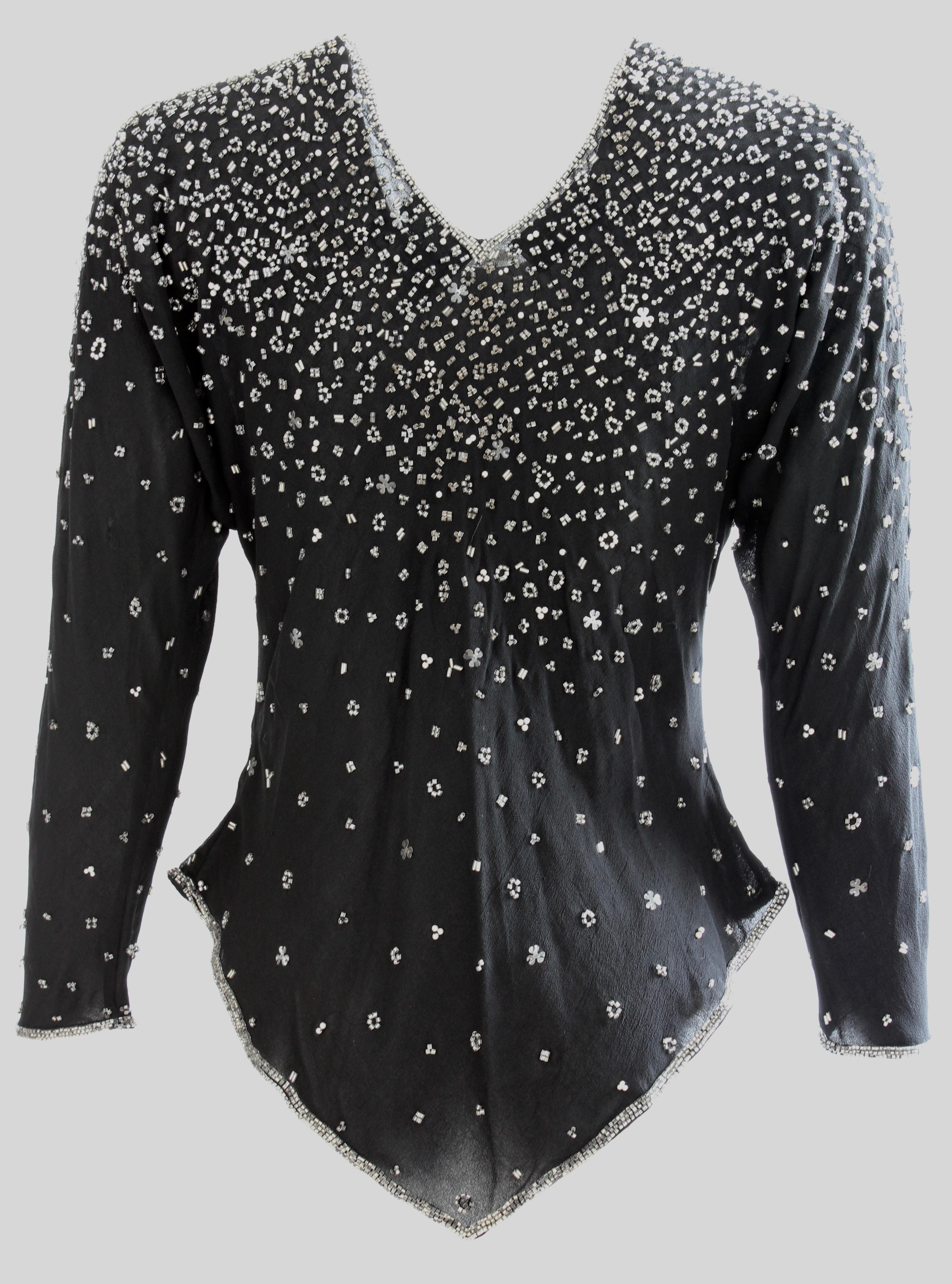 Halston Black Embellished Silk Blouse Evening Wear Montaldo's 1970s Size M  In Good Condition In Port Saint Lucie, FL