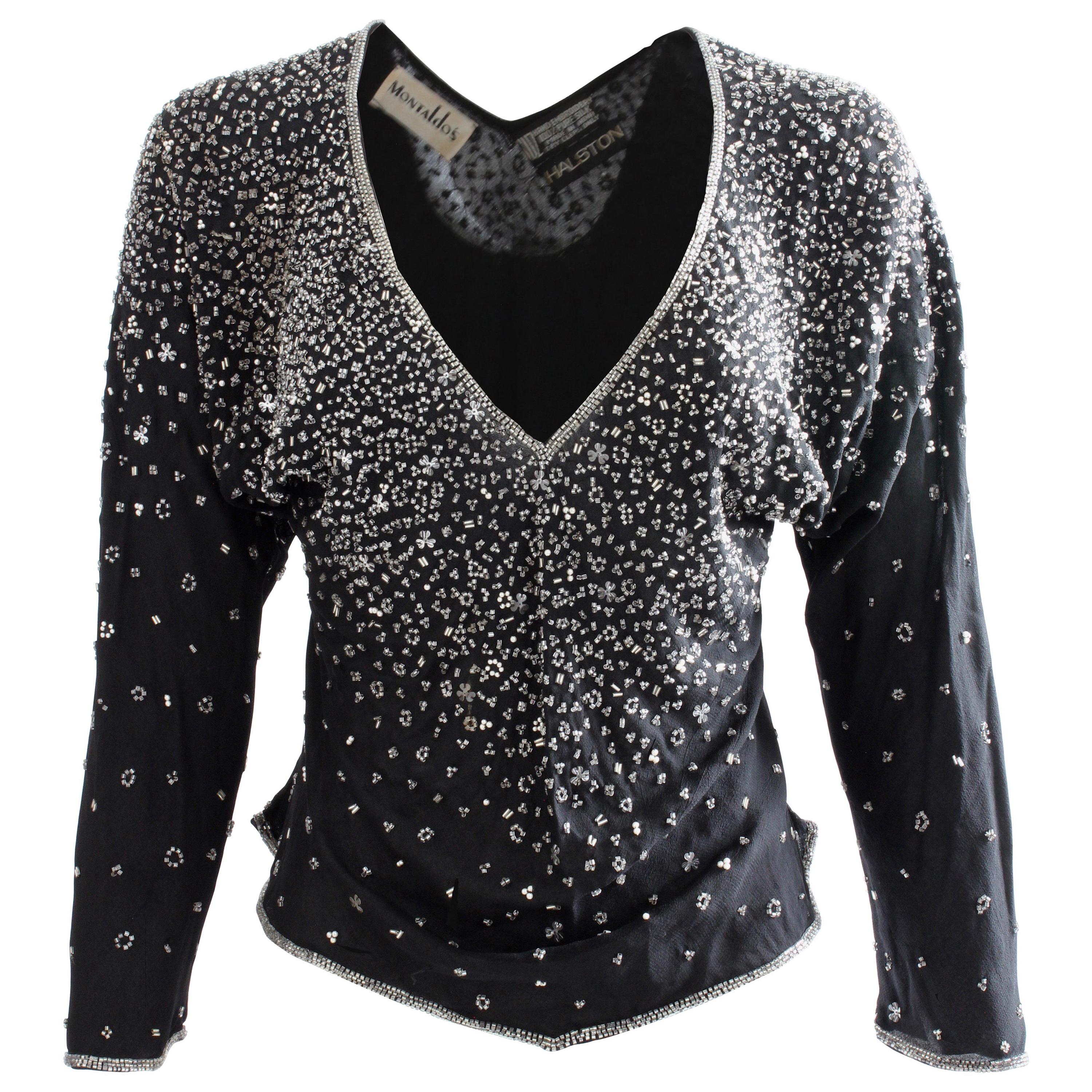 Halston Black Embellished Silk Blouse Evening Wear Montaldo's 1970s Size M 