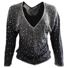 Vintage Halston Black Embellished Silk Blouse Evening Wear Montaldo's 1970s Size M