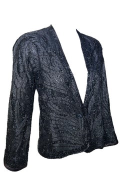 Halston Black Feather Motif Densely Beaded Jacket, 1970s