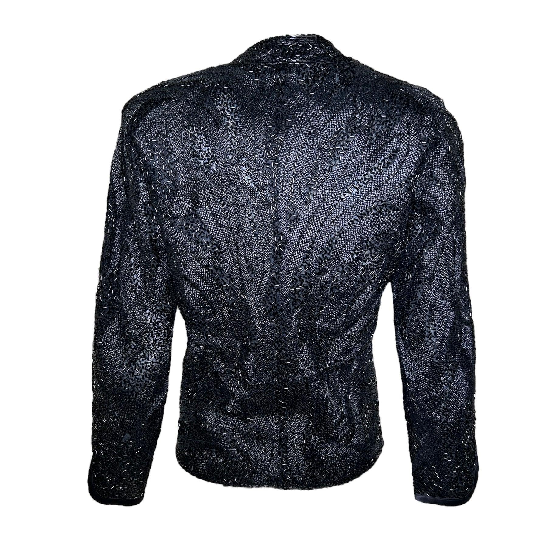 Chaqueta Halston Negra con Motivo de Plumas y Densos Abalorios, Años 70 Negro en venta