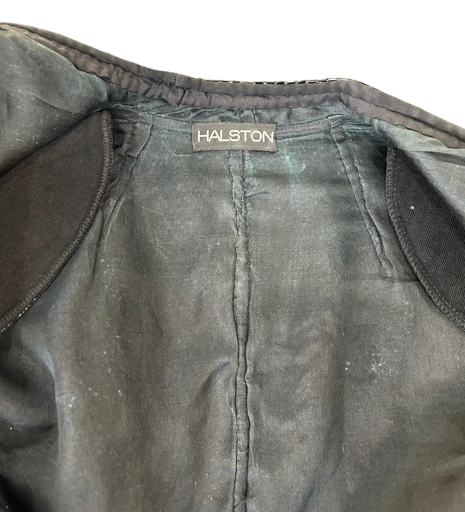 Chaqueta Halston Negra con Motivo de Plumas y Densos Abalorios, Años 70 en Bueno estado para la venta en Los Angeles, CA