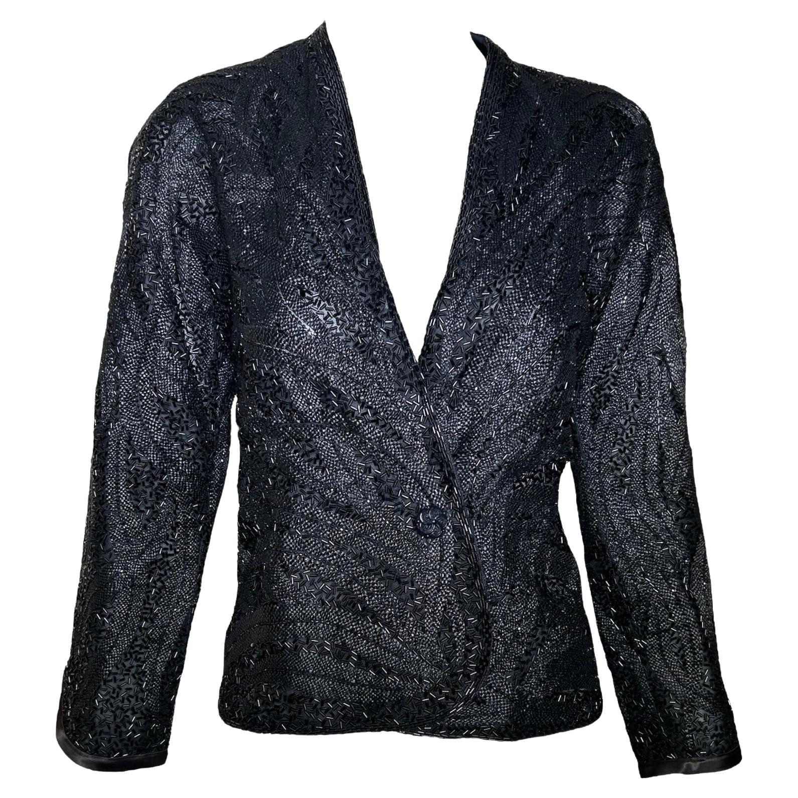 Chaqueta Halston Negra con Motivo de Plumas y Densos Abalorios, Años 70