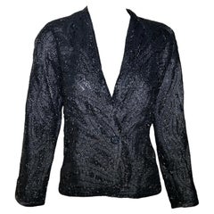 Chaqueta Halston Negra con Motivo de Plumas y Densos Abalorios, Años 70