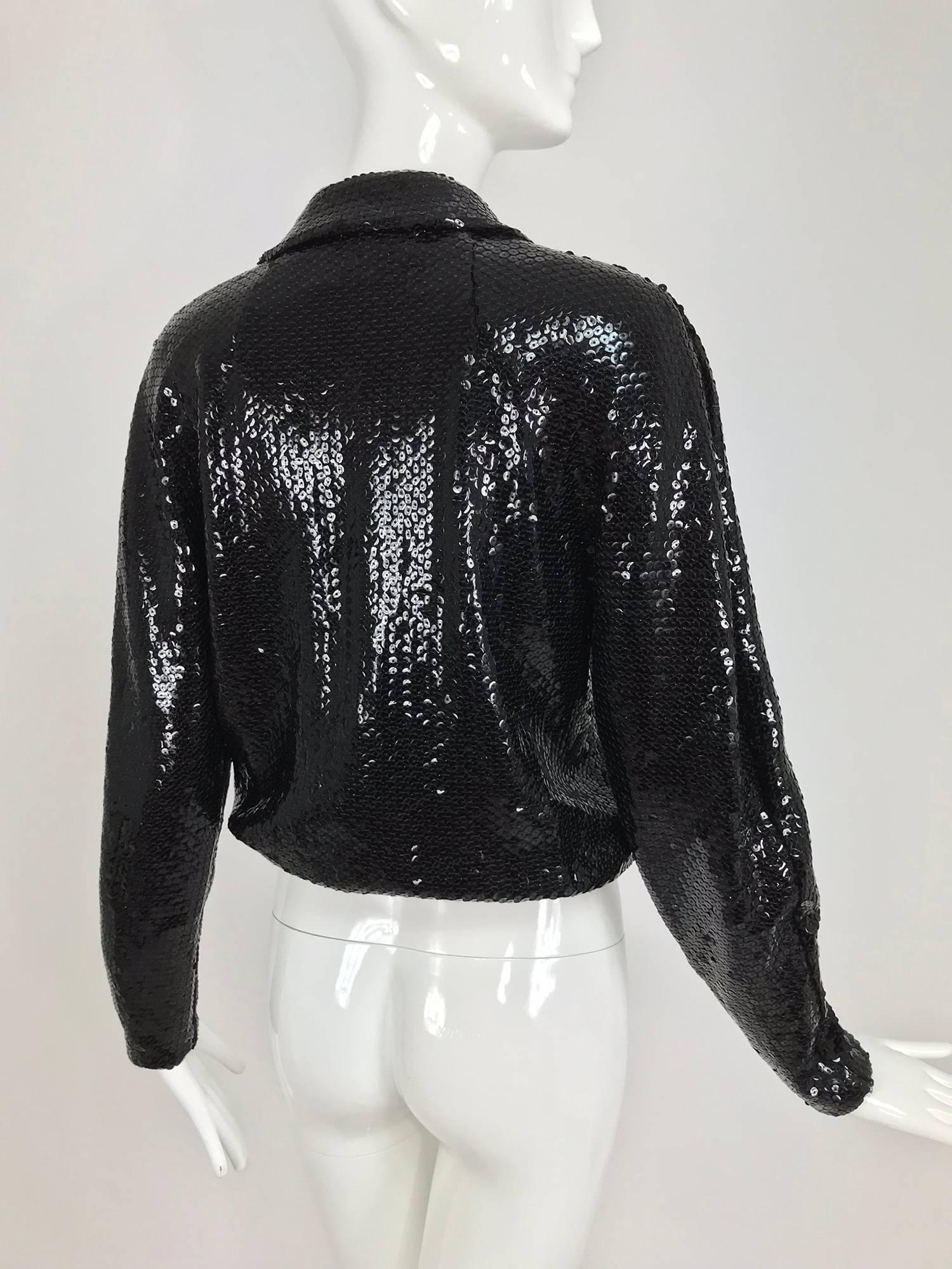 Halston black sequin zip front cropped jacket, 1970s 5