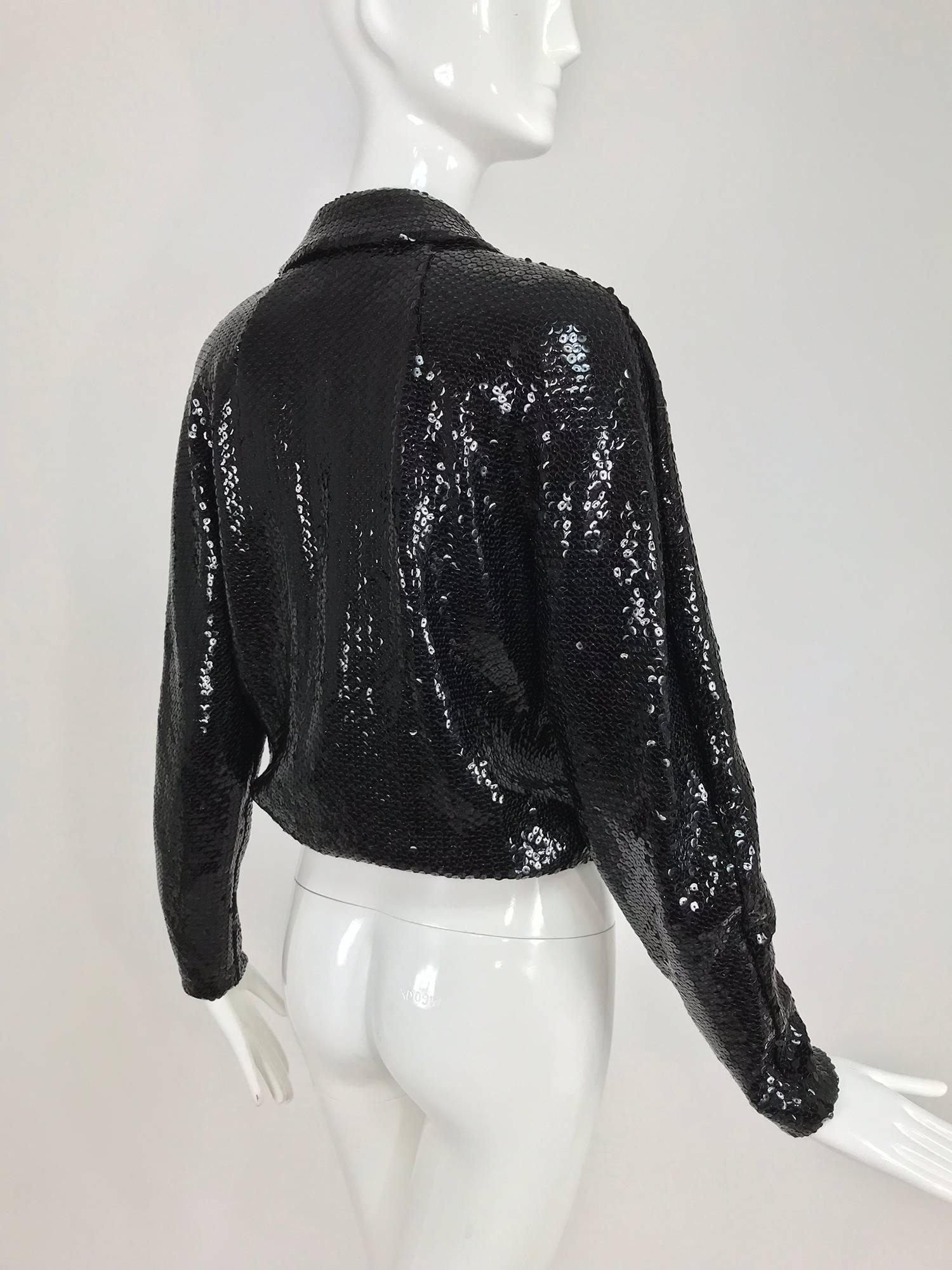 Halston black sequin zip front cropped jacket, 1970s 6