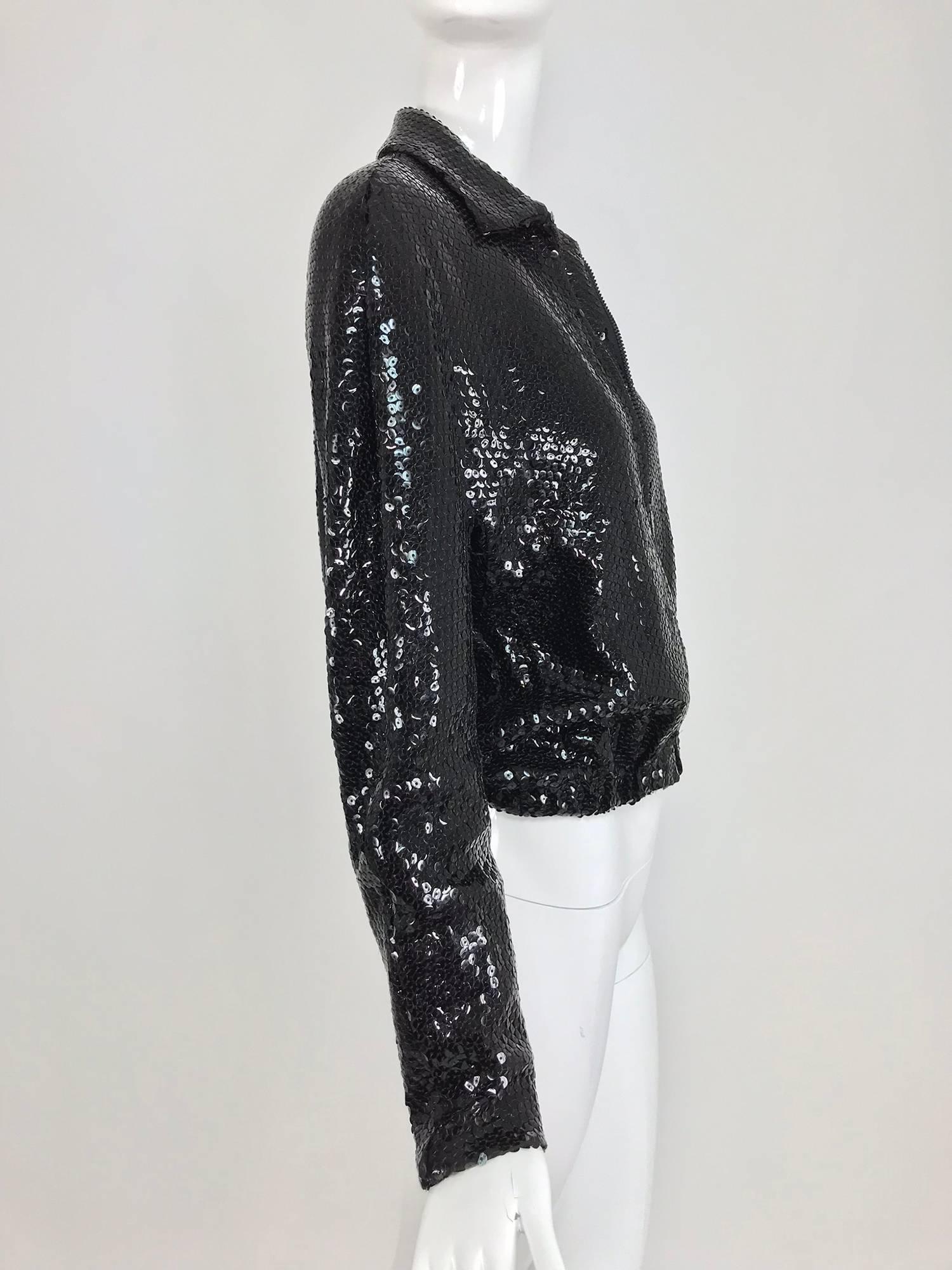 Halston black sequin zip front cropped jacket, 1970s 7
