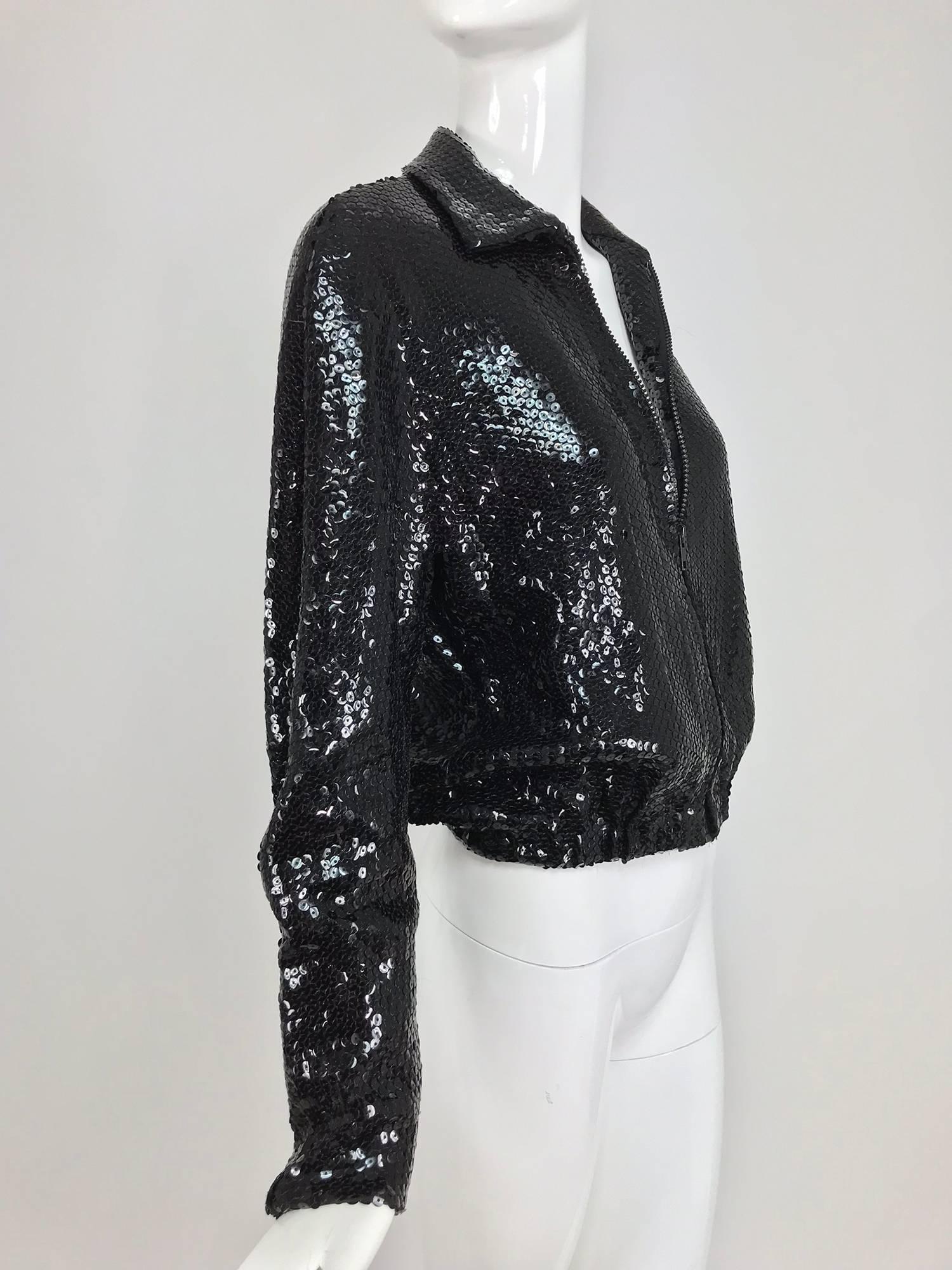 Halston black sequin zip front cropped jacket, 1970s 8