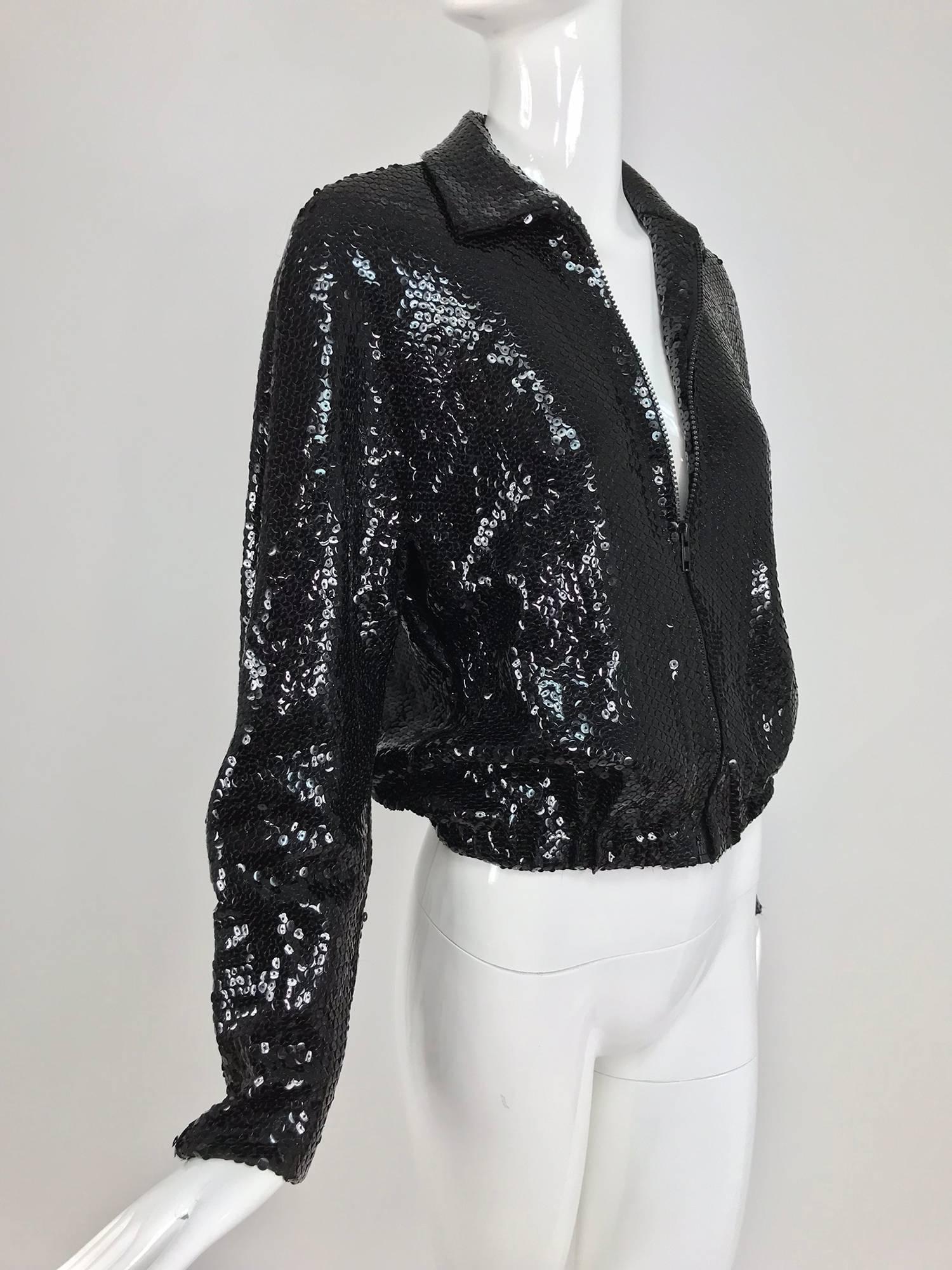 Halston black sequin zip front cropped jacket, 1970s 9