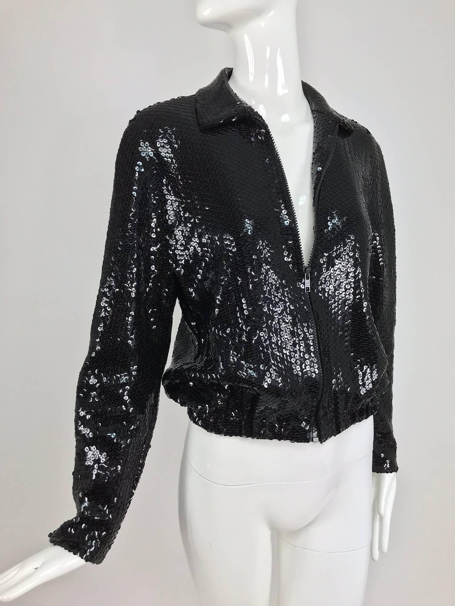 Halston black sequin zip front cropped jacket, 1970s 10