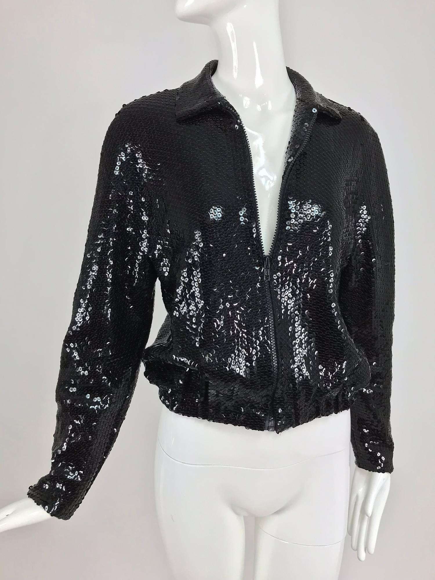 Halston black sequin zip front cropped jacket, 1970s 11