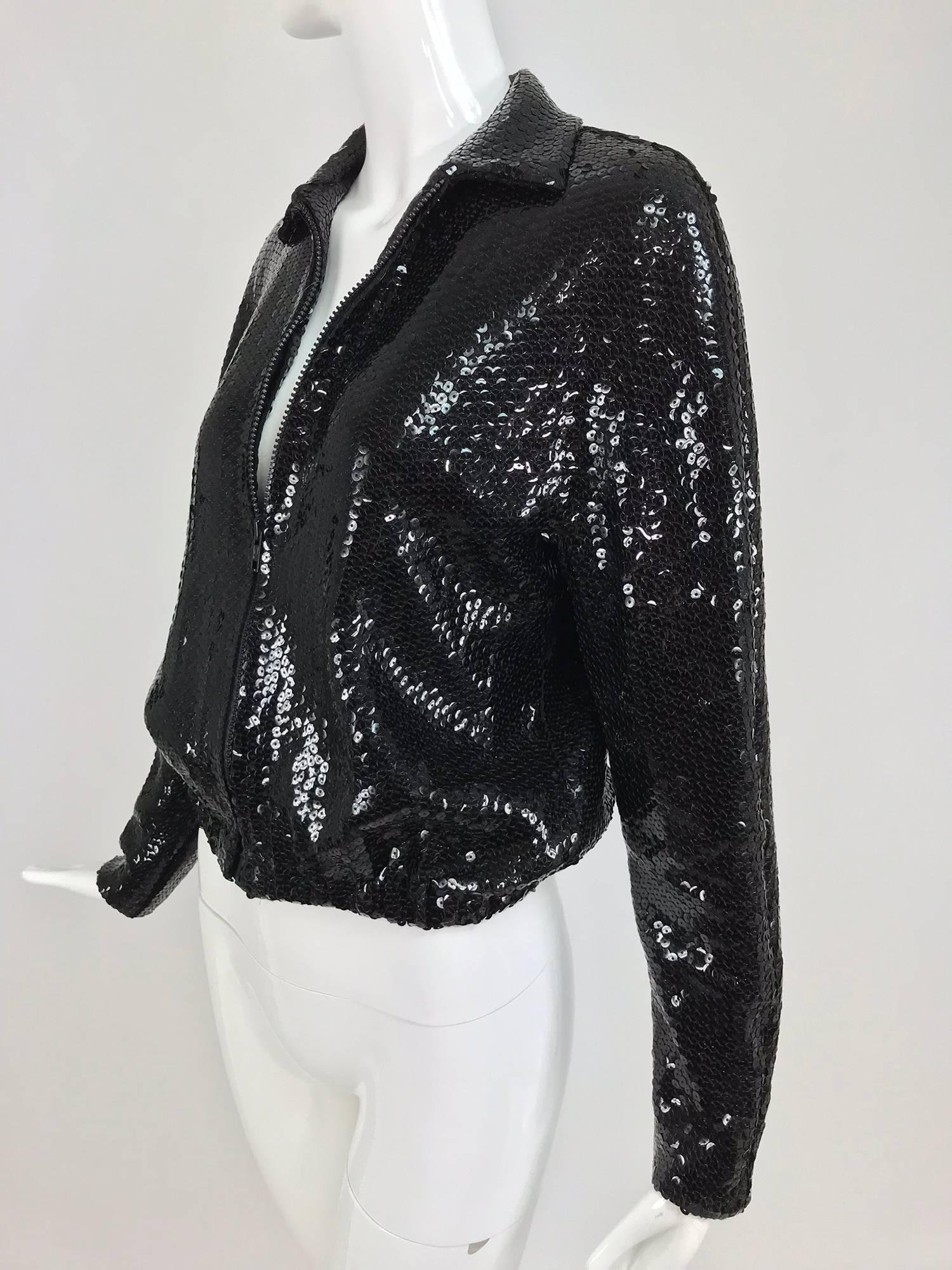 Black Halston black sequin zip front cropped jacket, 1970s